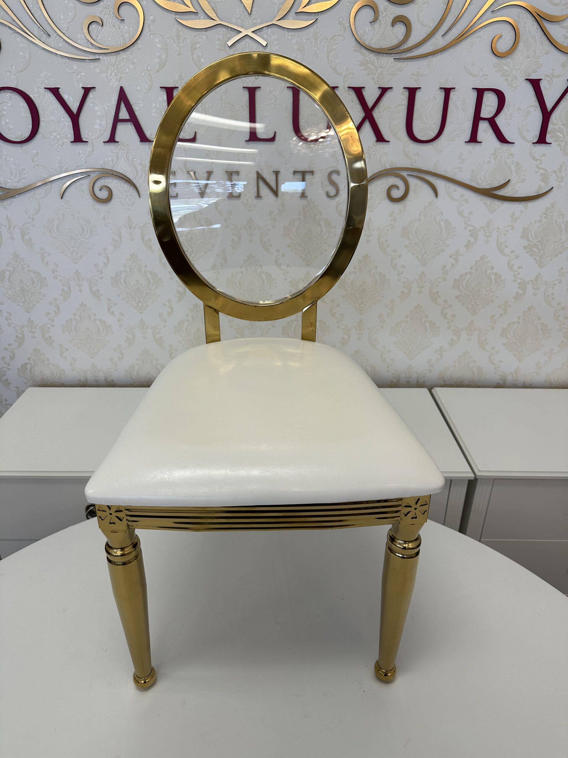 Louis Clear Back Gold Dining Chair, Polished Steel Frame, White or Black Cushion