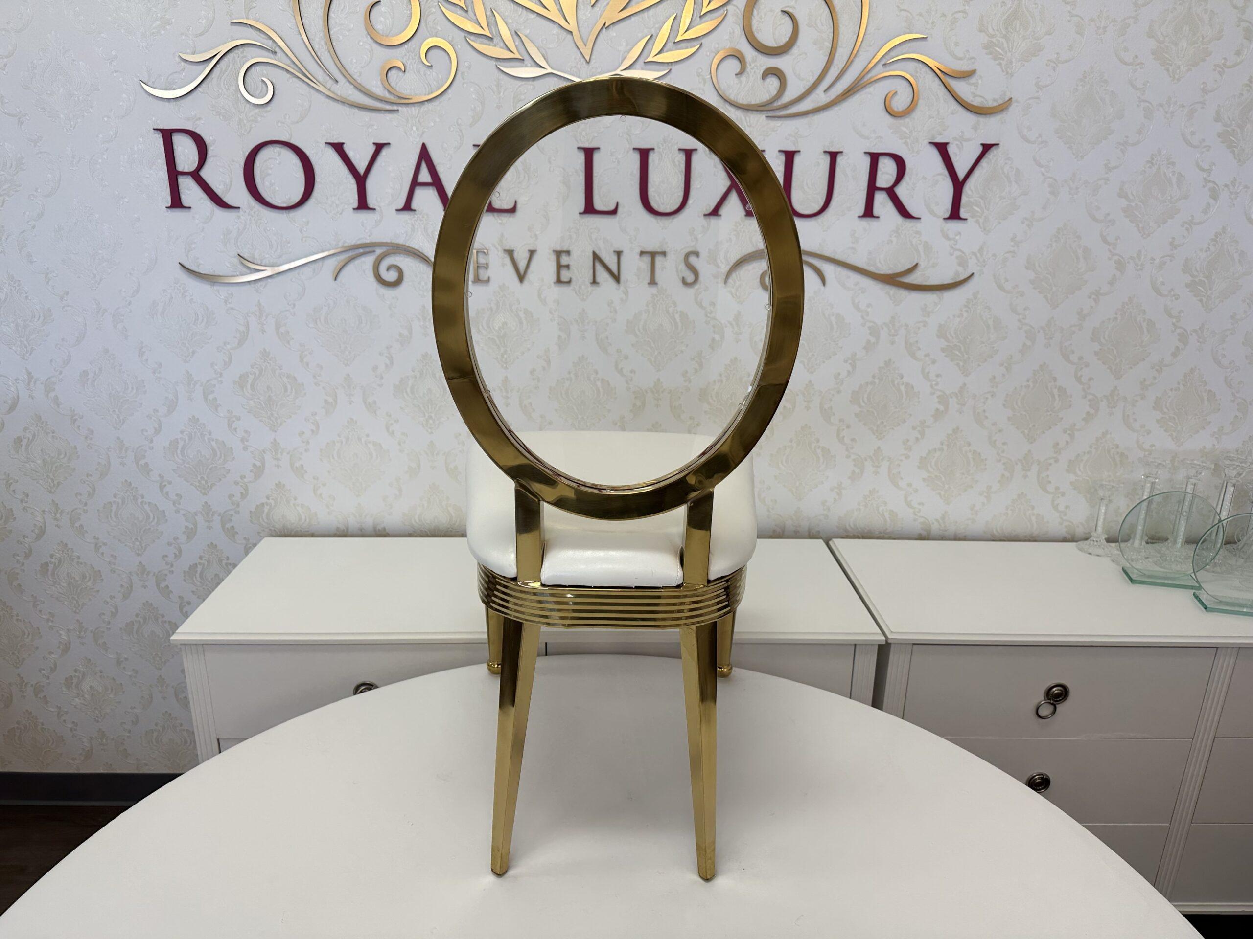 Louis Clear Back Gold Dining Chair, Polished Steel Frame, White or Black Cushion