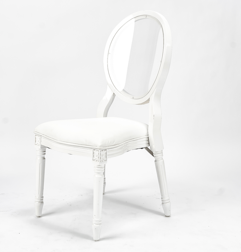 King Louis XVI Dining Chair, White Chair with Clear Back, Solid Wood Frame