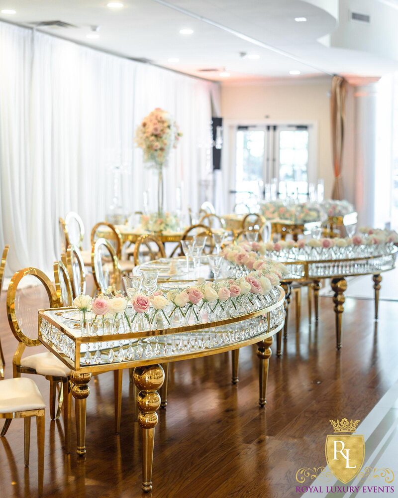 Wedding Reception Decor - Fancy Chair Rentals - Gold Serpentine Tables - Luxury