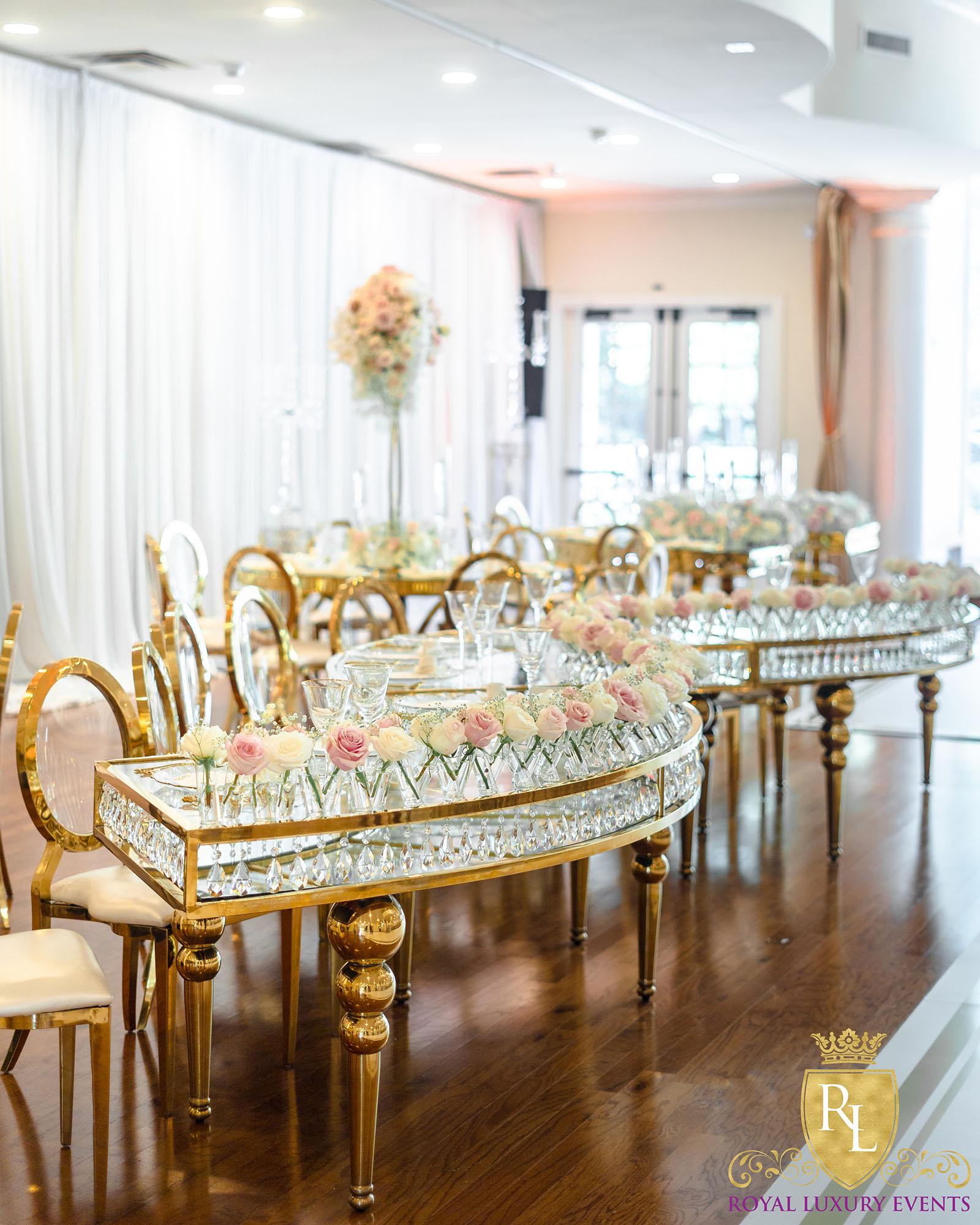 Wedding Reception Decor - Fancy Chair Rentals - Gold Serpentine Tables - Luxury