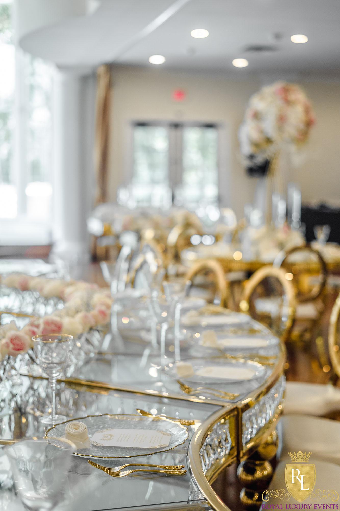 Wedding Reception Decor - Fancy Chair Rentals - Gold Serpentine Tables - Luxury