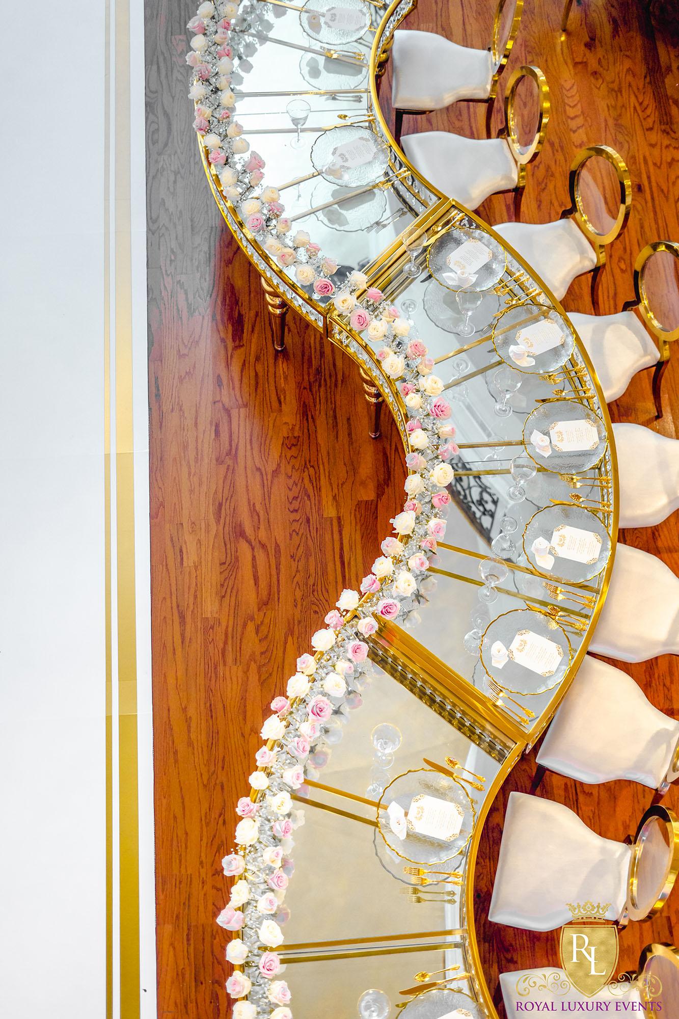 Wedding Reception Decor - Fancy Chair Rentals - Gold Serpentine Tables - Luxury