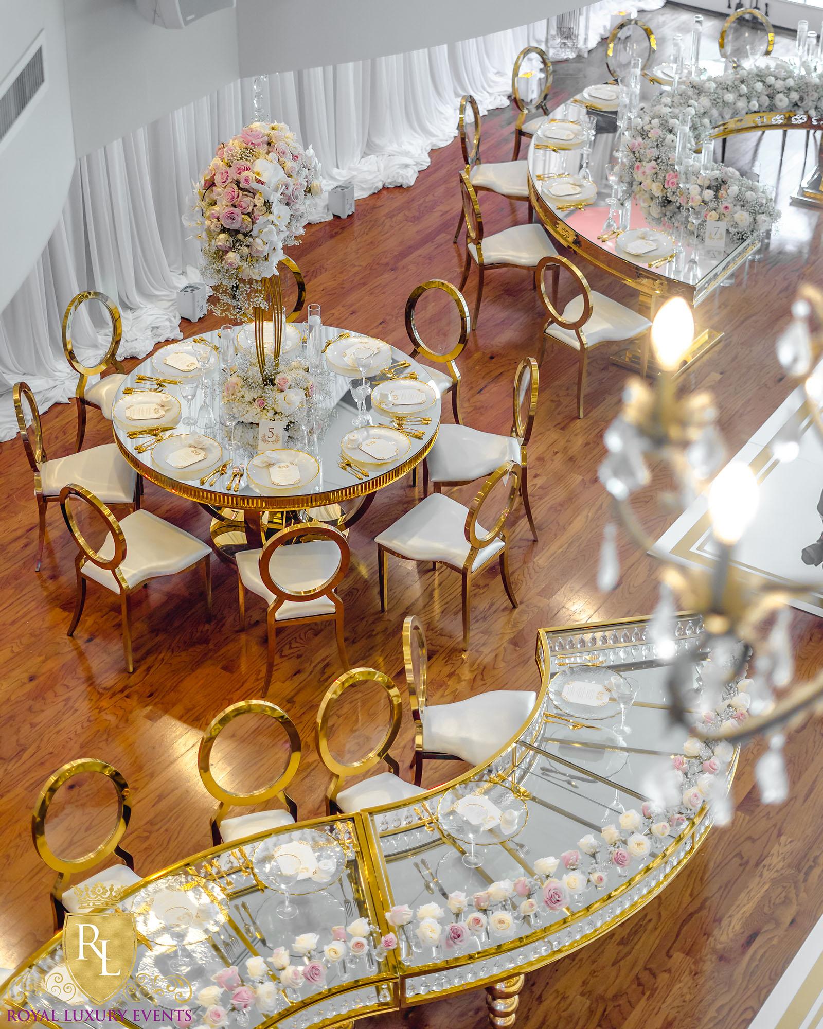 Wedding Reception Decor - Fancy Chair Rentals - Gold Serpentine Tables - Luxury