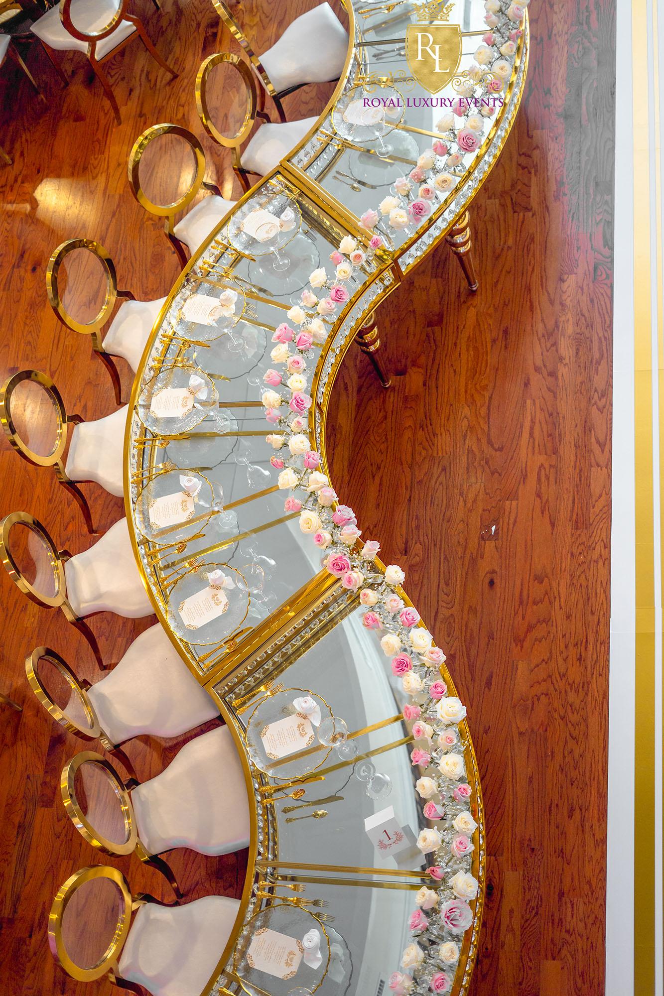 Wedding Reception Decor - Fancy Chair Rentals - Gold Serpentine Tables - Luxury