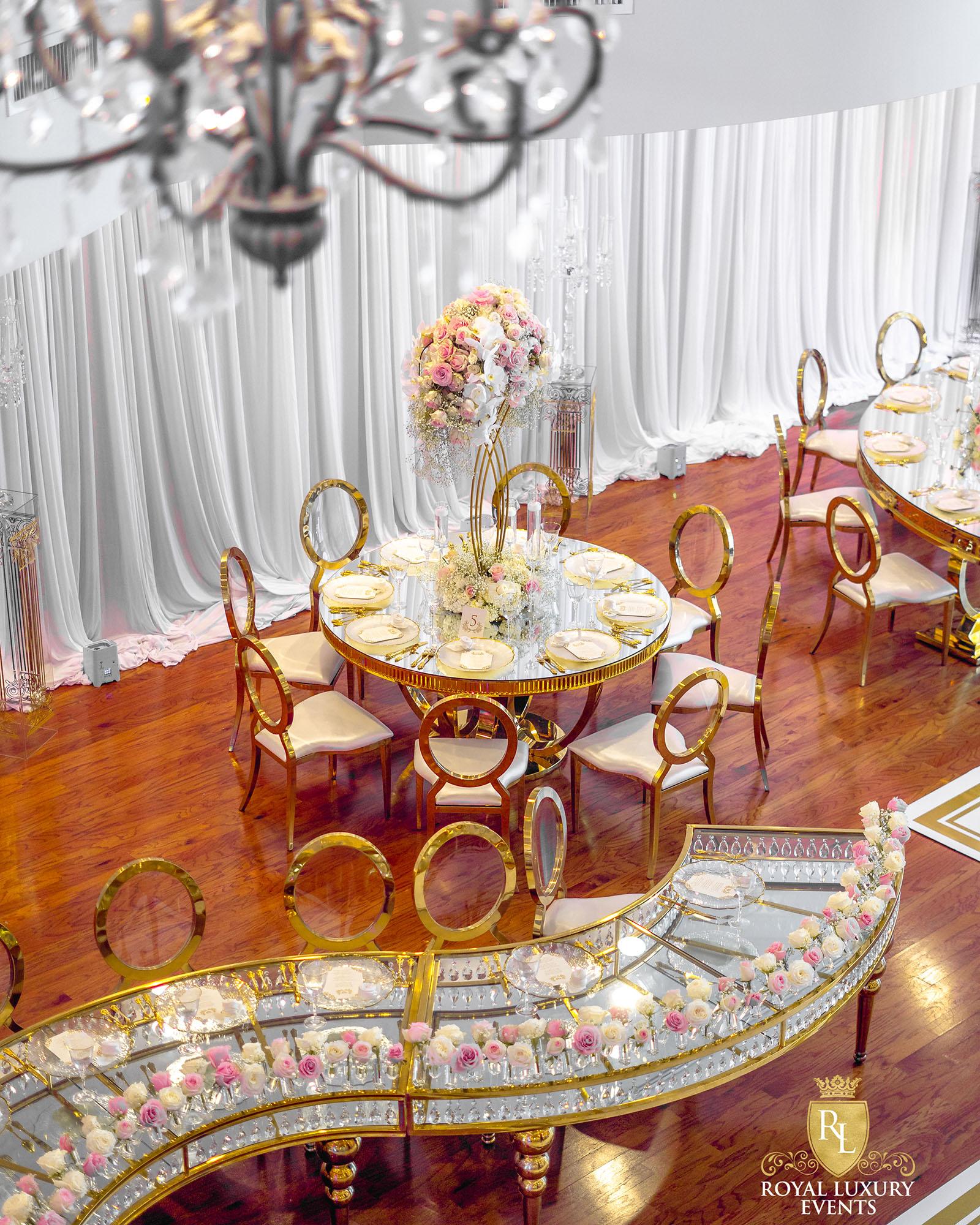 Wedding Reception Decor - Fancy Chair Rentals - Gold Serpentine Tables - Luxury