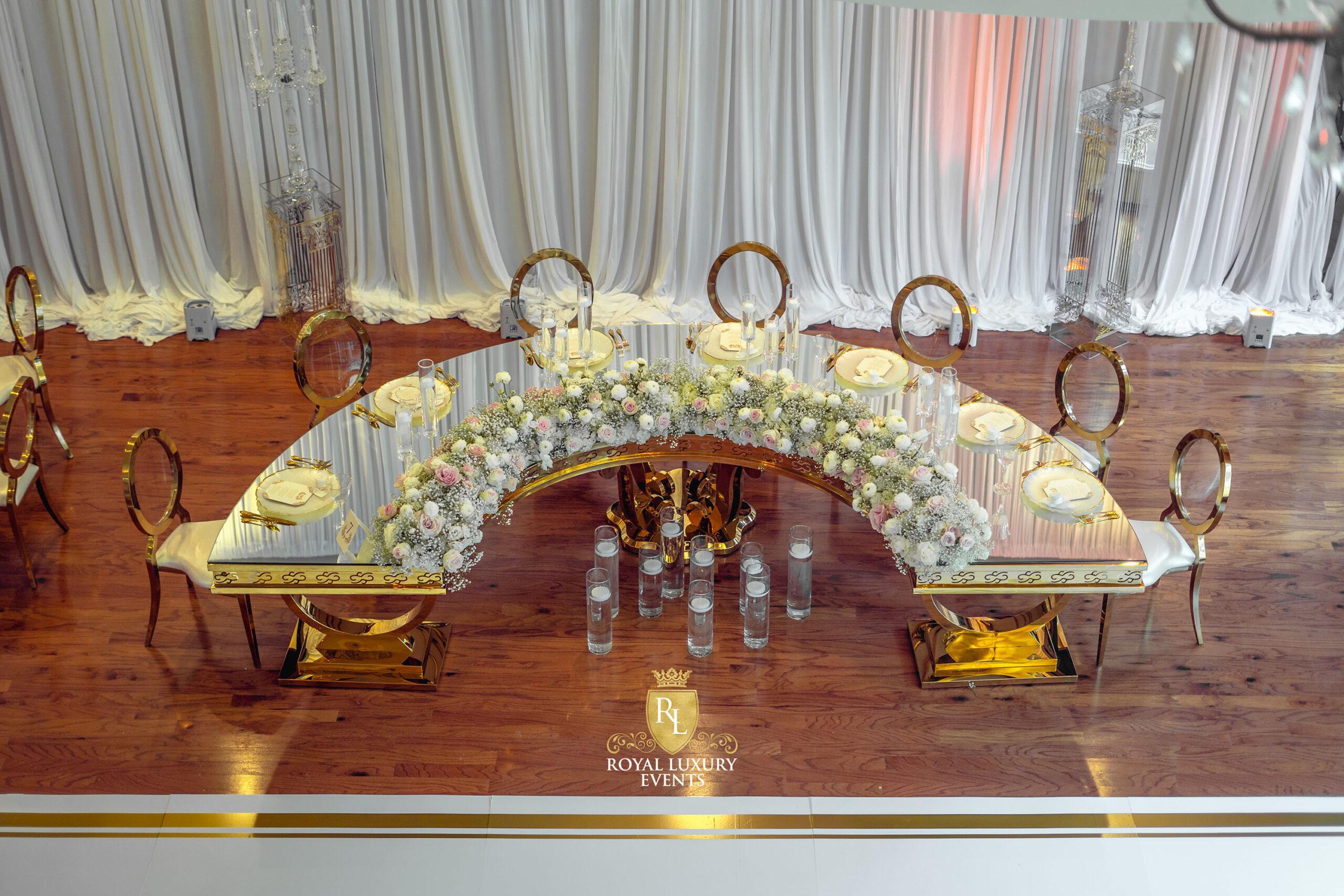 Wedding Reception Decor - Fancy Chair Rentals - Gold Serpentine Tables - Luxury