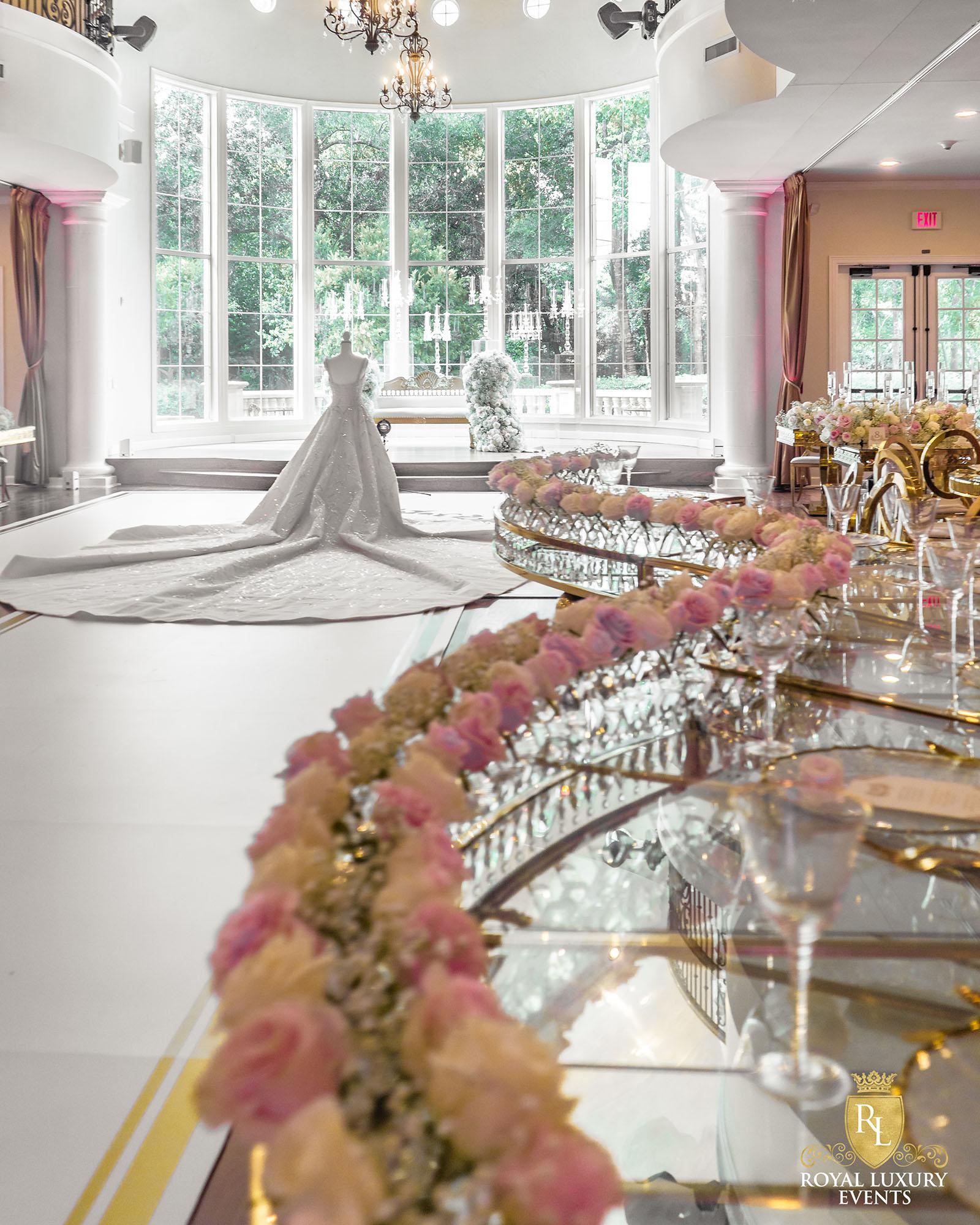 Wedding Reception Decor - Fancy Chair Rentals - Gold Serpentine Tables - Luxury