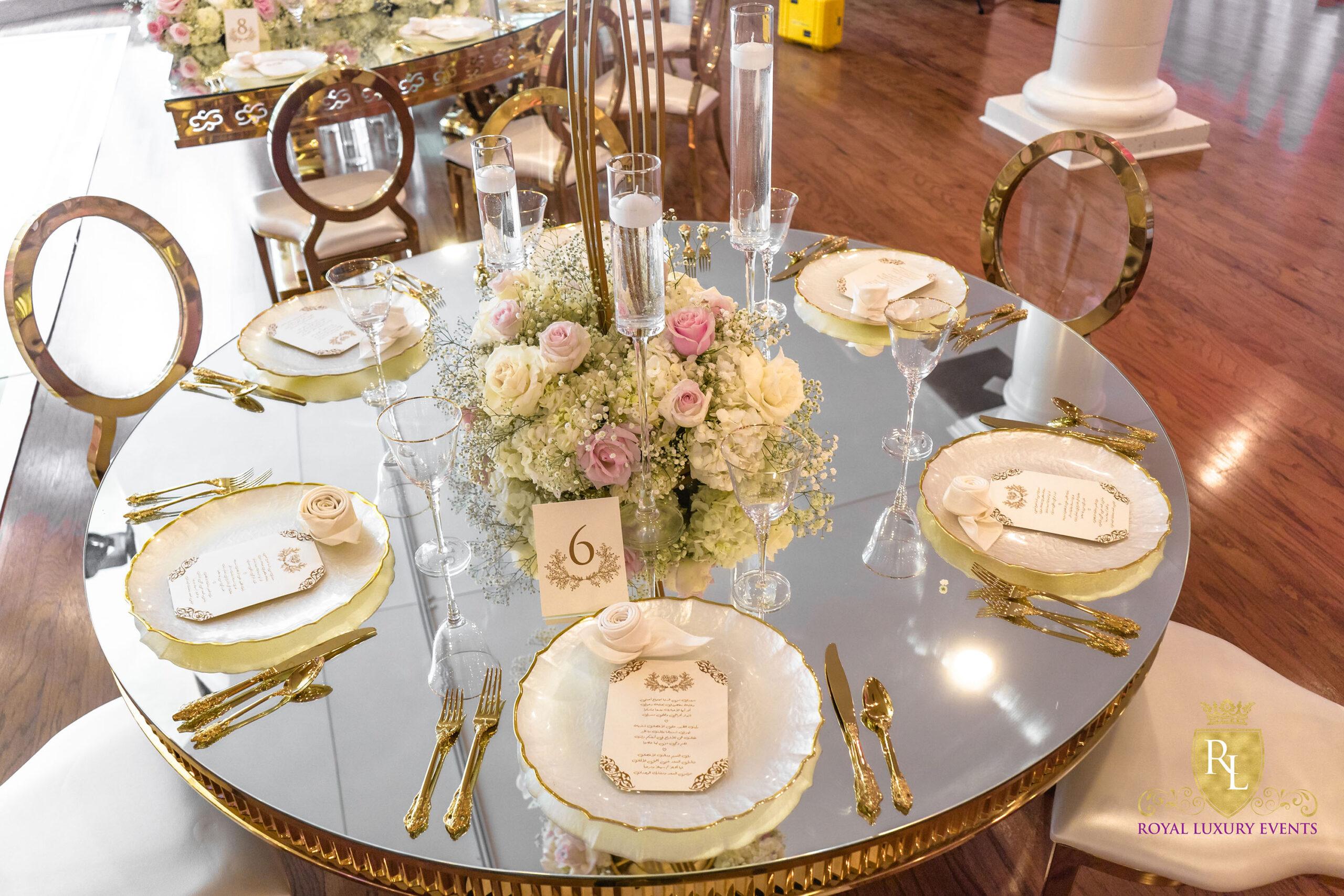 Wedding Reception Decor - Fancy Chair Rentals - Gold Serpentine Tables - Luxury