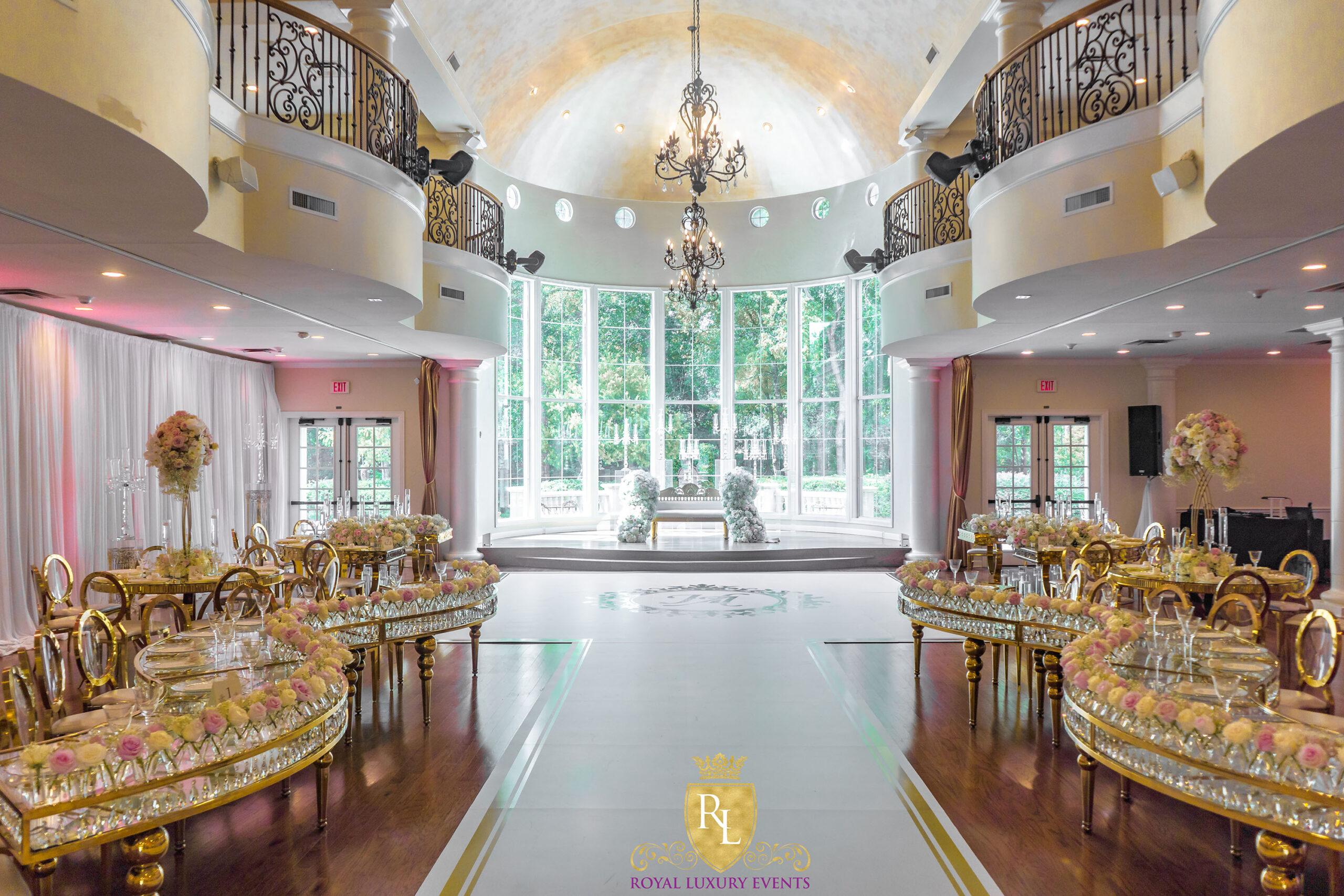 Wedding Reception Decor - Fancy Chair Rentals - Gold Serpentine Tables - Luxury
