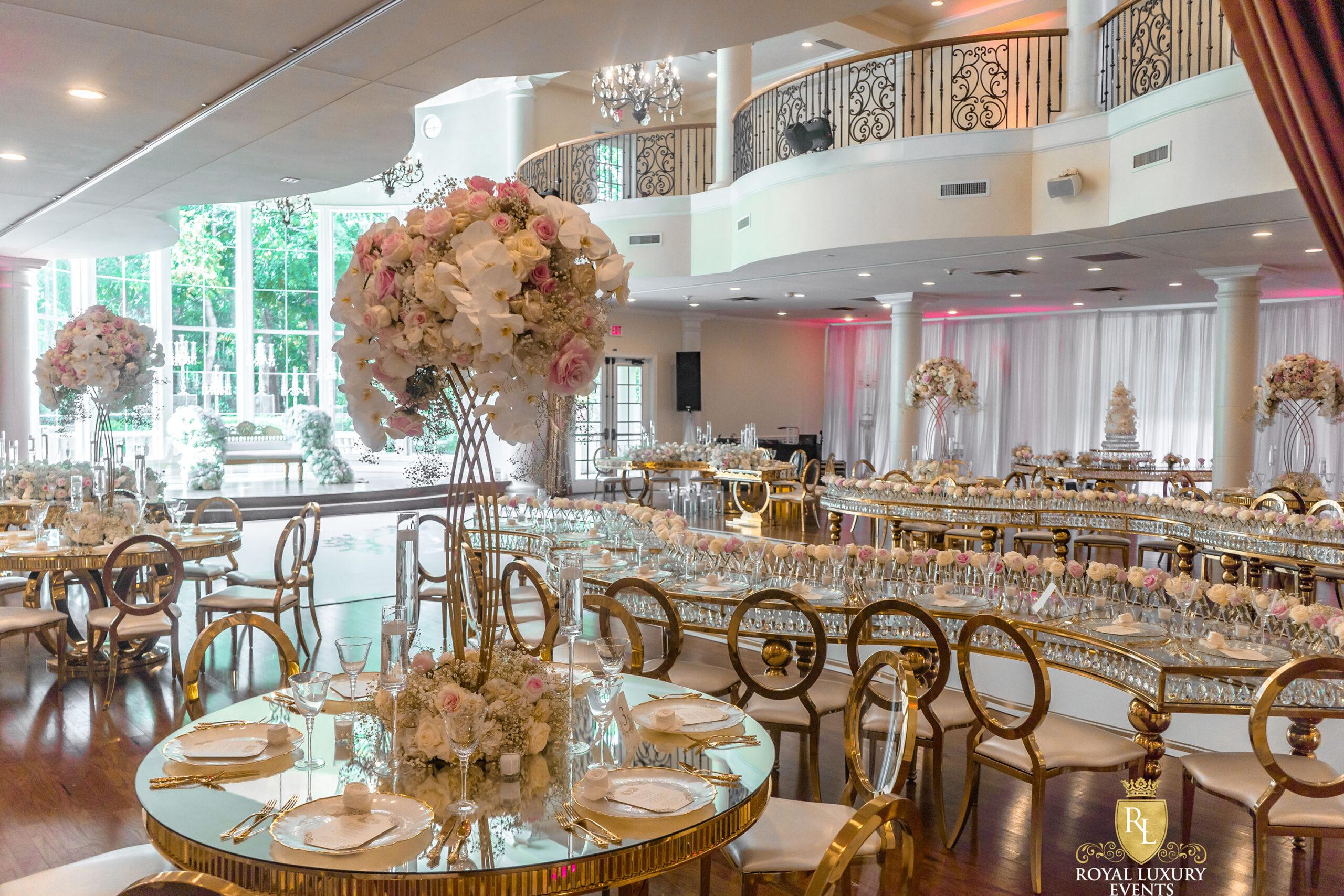Wedding Reception Decor - Fancy Chair Rentals - Gold Serpentine Tables - Luxury
