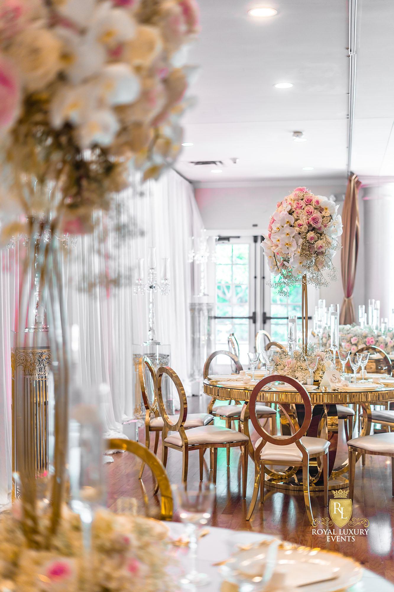 Wedding Reception Decor - Fancy Chair Rentals - Gold Serpentine Tables - Luxury