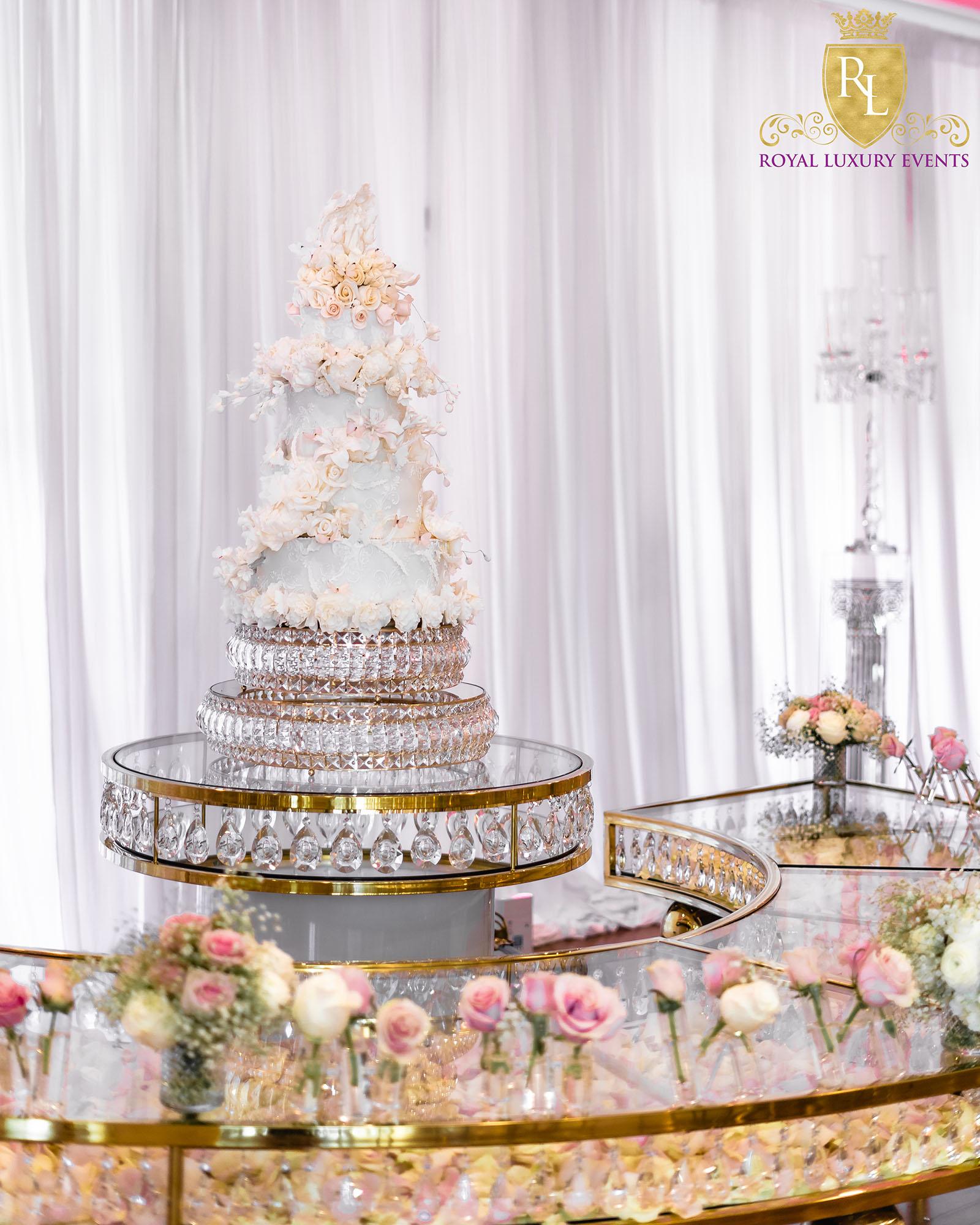 Wedding Reception Decor - Fancy Chair Rentals - Gold Serpentine Tables - Luxury - Wedding Cake Table