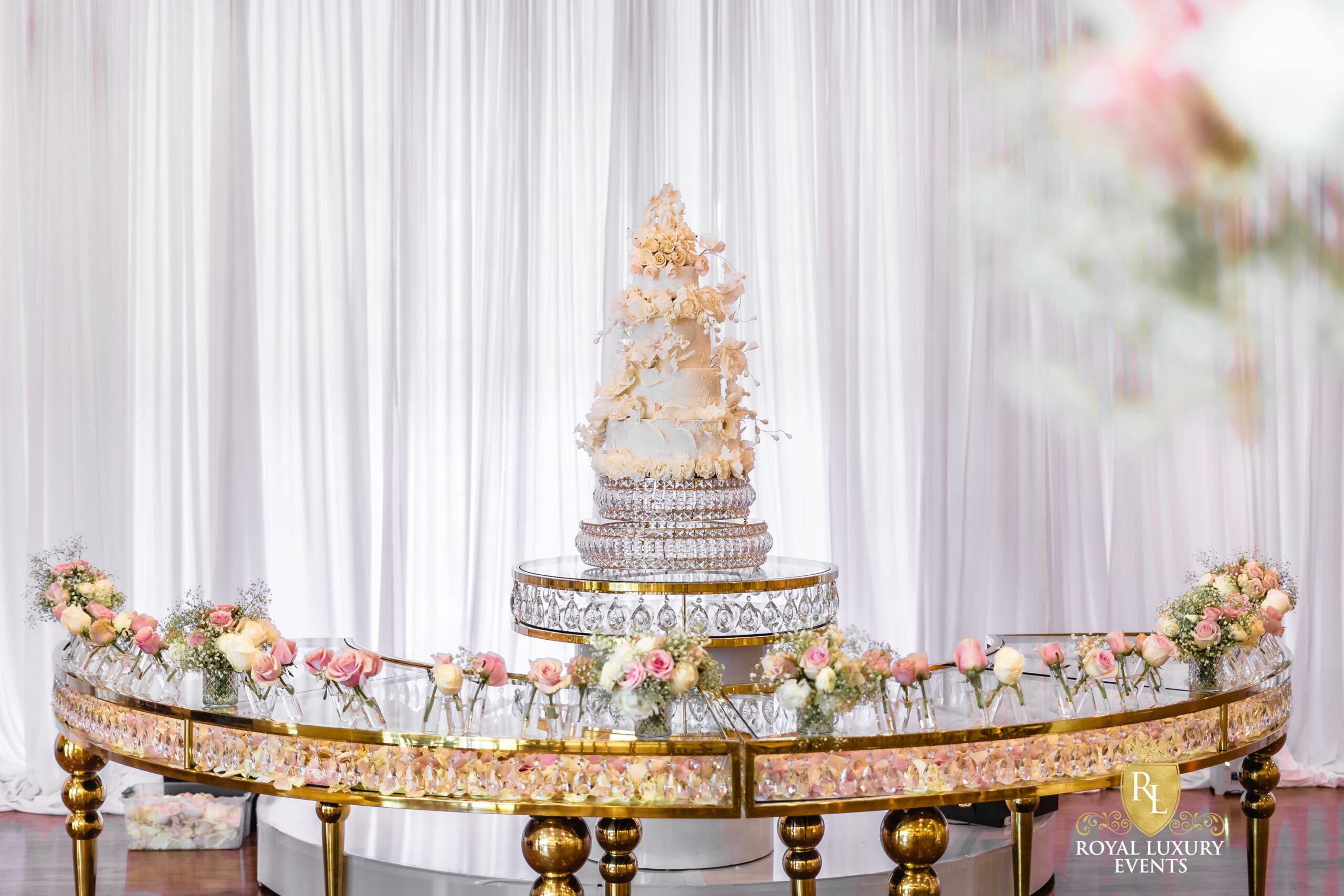 Wedding Reception Decor - Fancy Chair Rentals - Gold Serpentine Tables - Luxury - Wedding Cake Table