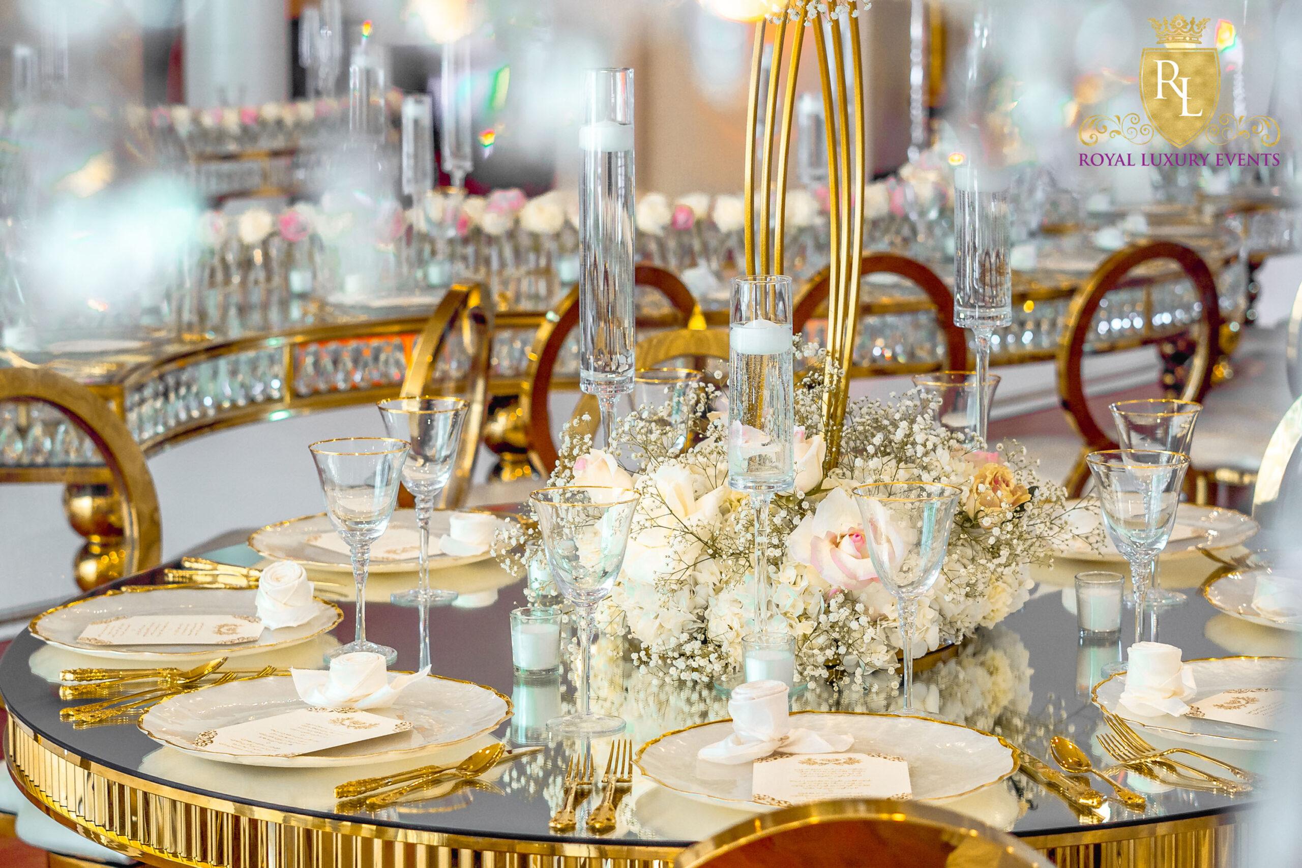 Wedding Reception Decor - Fancy Chair Rentals - Gold Serpentine Tables - Luxury