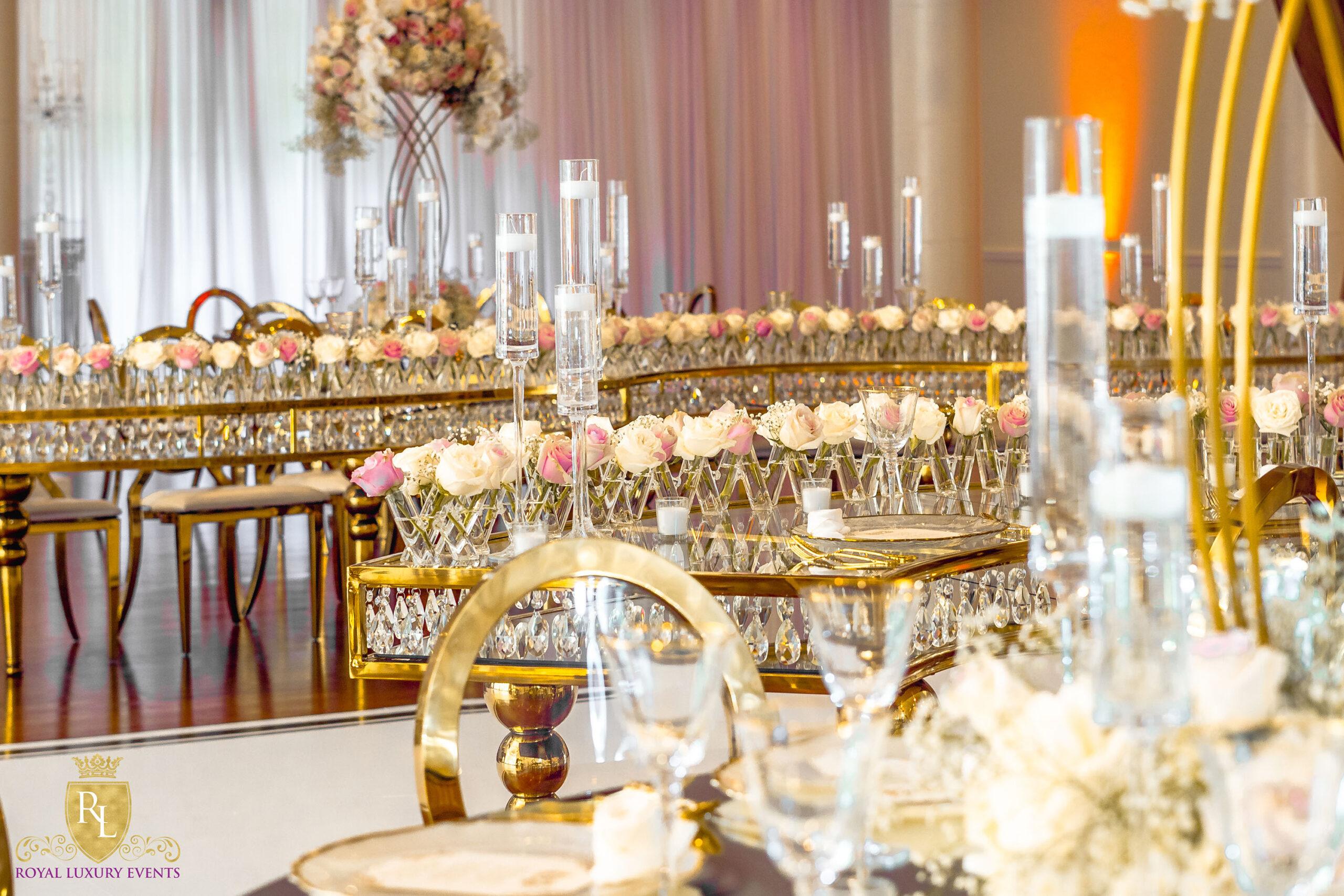 Wedding Reception Decor - Fancy Chair Rentals - Gold Serpentine Tables - Luxury