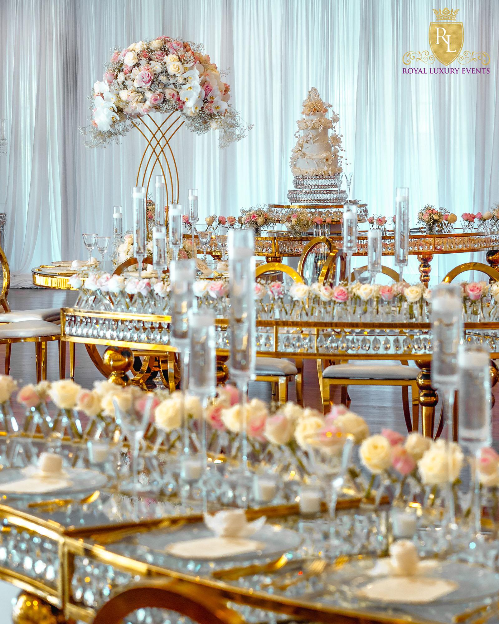 Wedding Reception Decor - Fancy Chair Rentals - Gold Serpentine Tables - Luxury - Wedding Cake Table