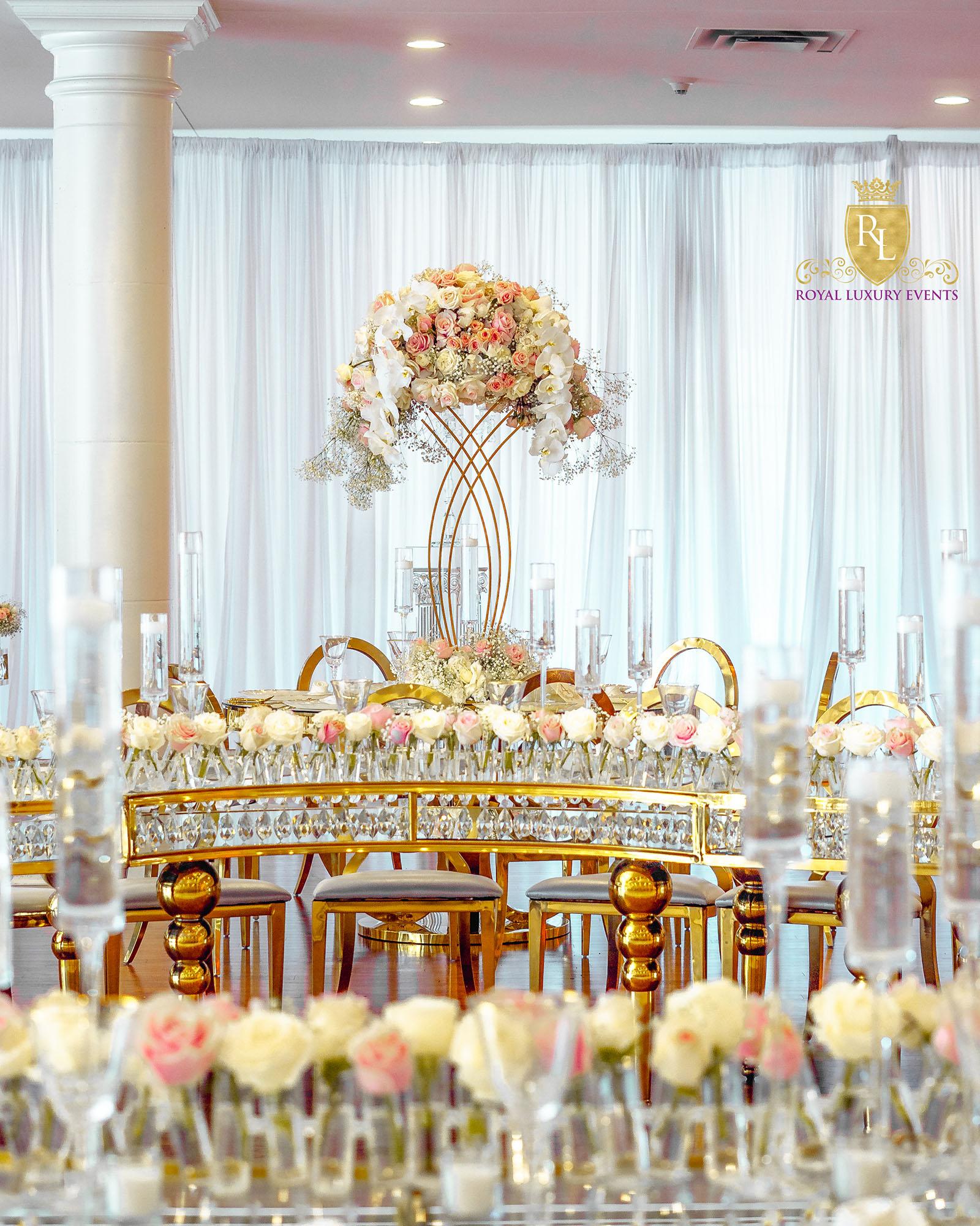 Wedding Reception Decor - Fancy Chair Rentals - Gold Serpentine Tables - Luxury
