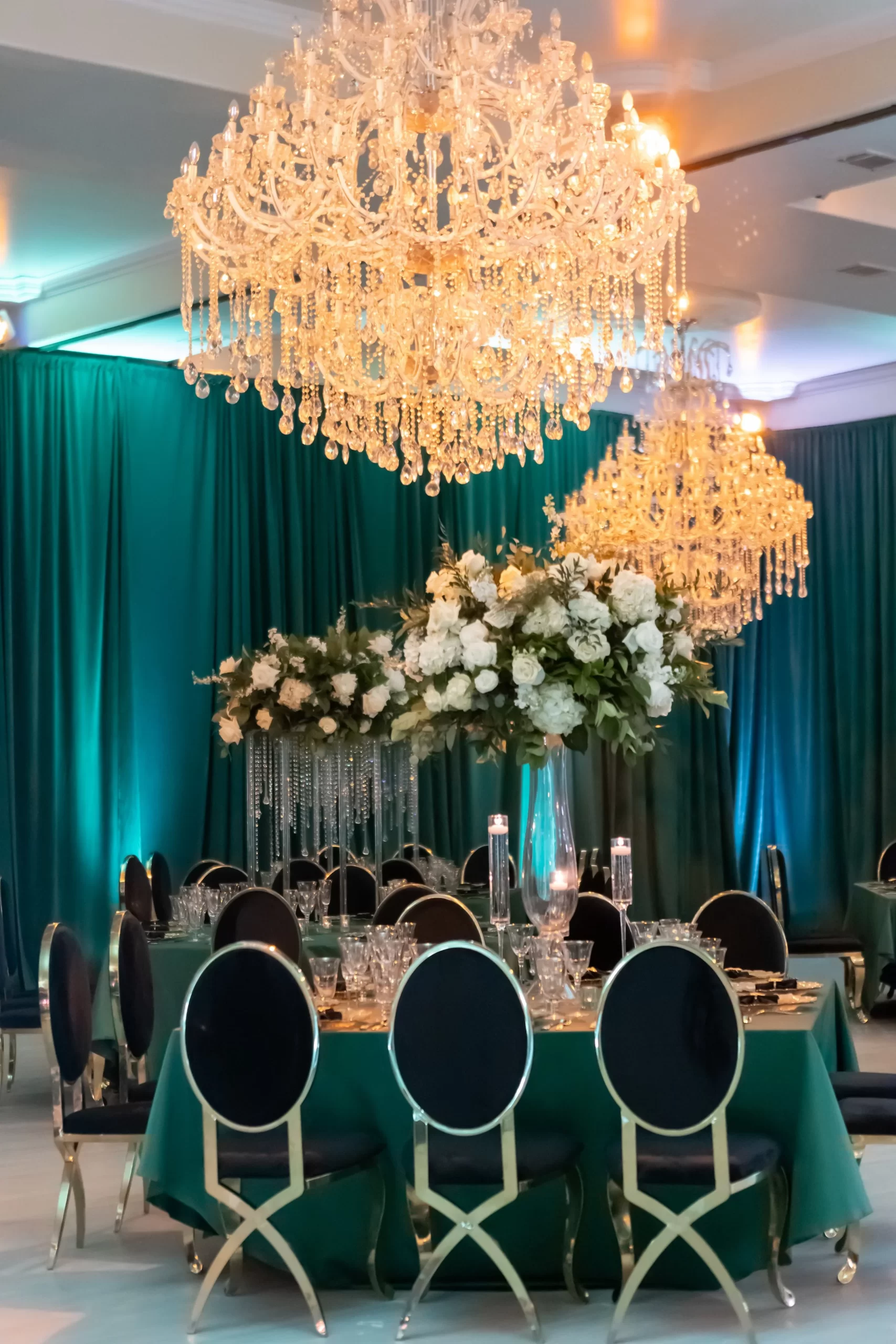 Emerald and black quinceañera with gold accents