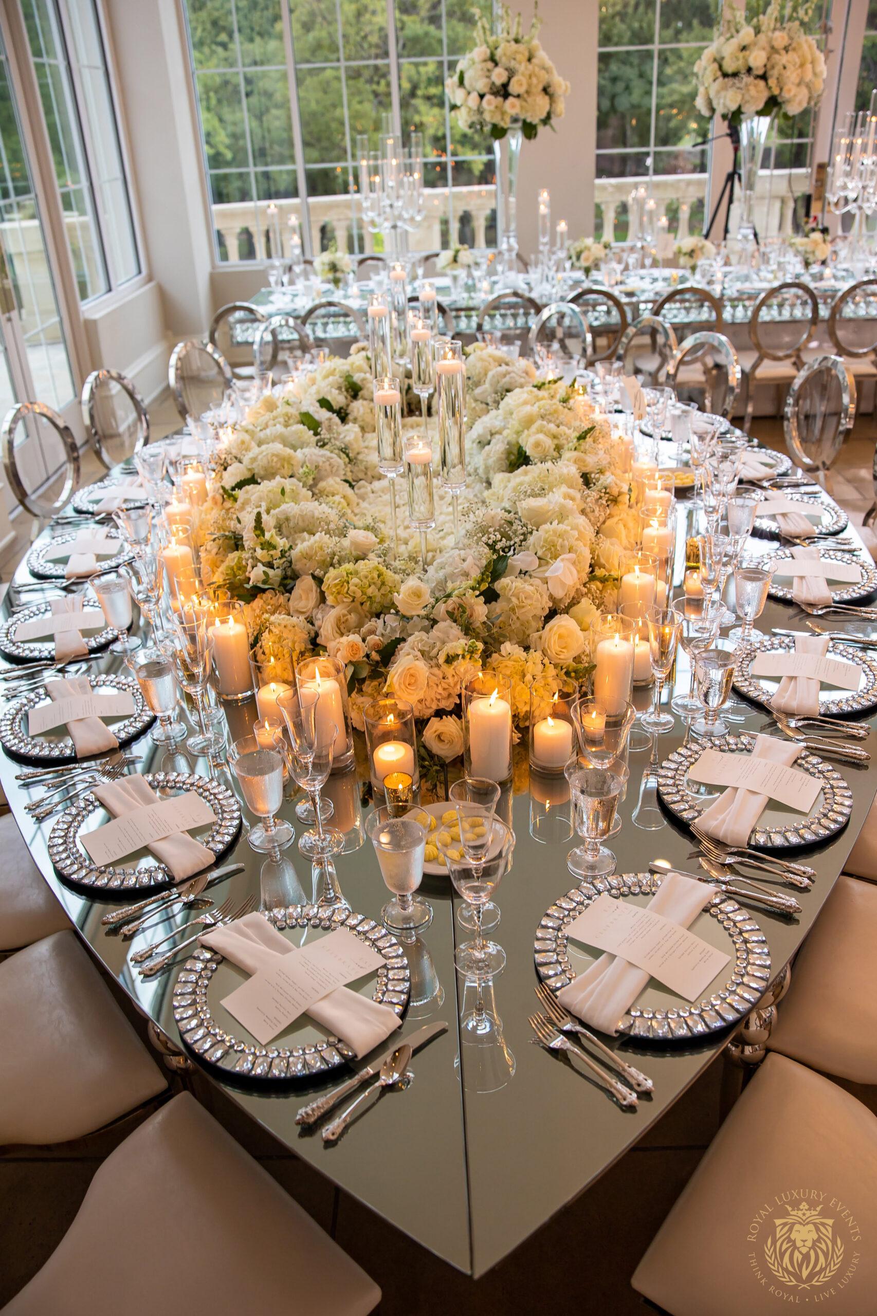 Silver & White Wedding in Dallas, Texas teardrop mirror table