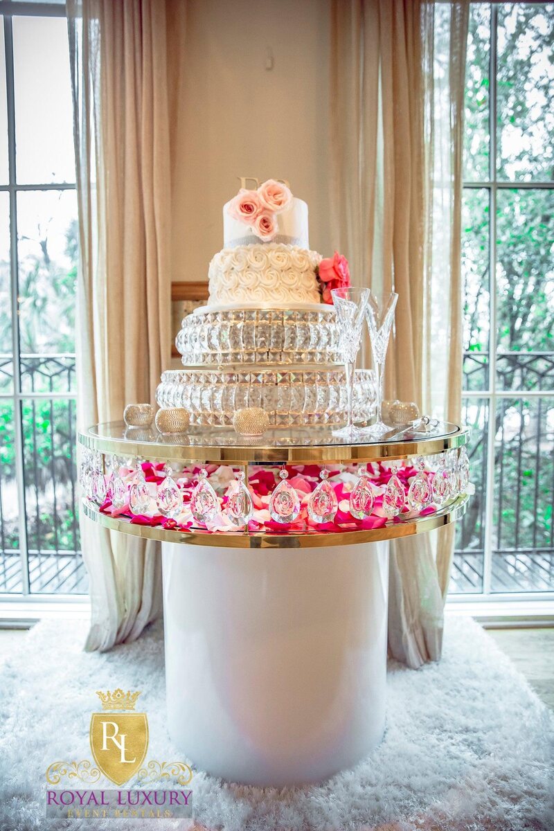 Dramatic Round Gold or Silver Crystal Cake Table with Glass Top, 3 Foot Round