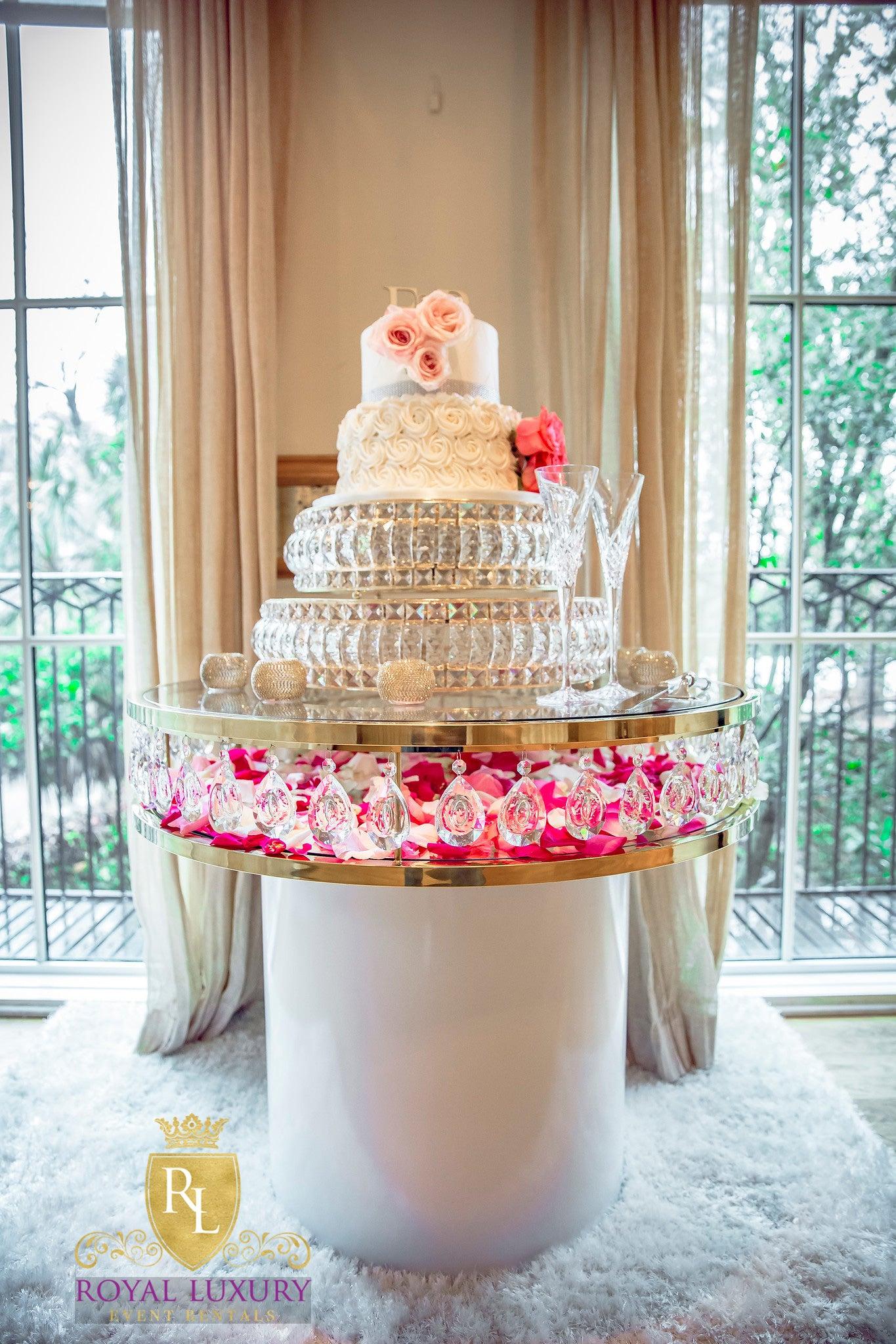 Dramatic Round Gold or Silver Crystal Cake Table with Glass Top, 3 Foot Round