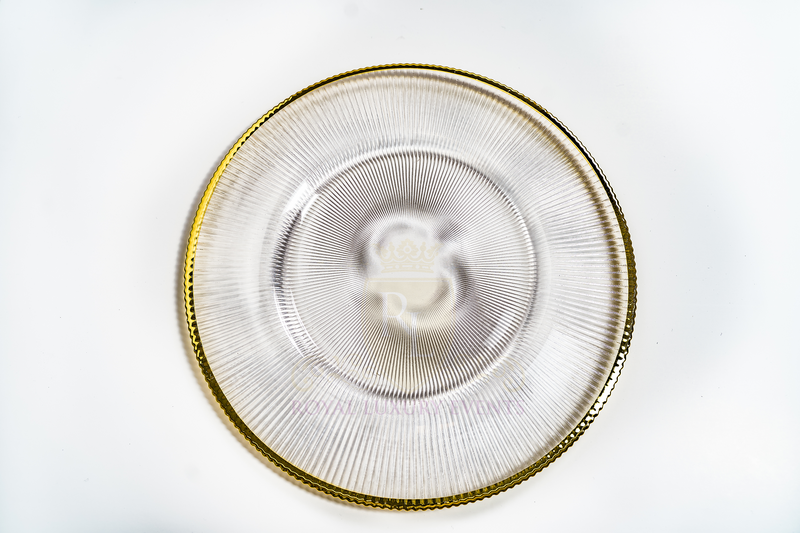 13-Inch Clear Ribbed Glass Charger with Traditional Gold Rim