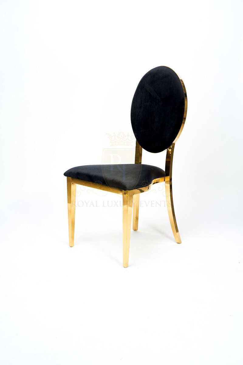 Black and Gold Velvet Dining Chair, Gold Polished Steel Frame, Black Cushion, Garbo Chair