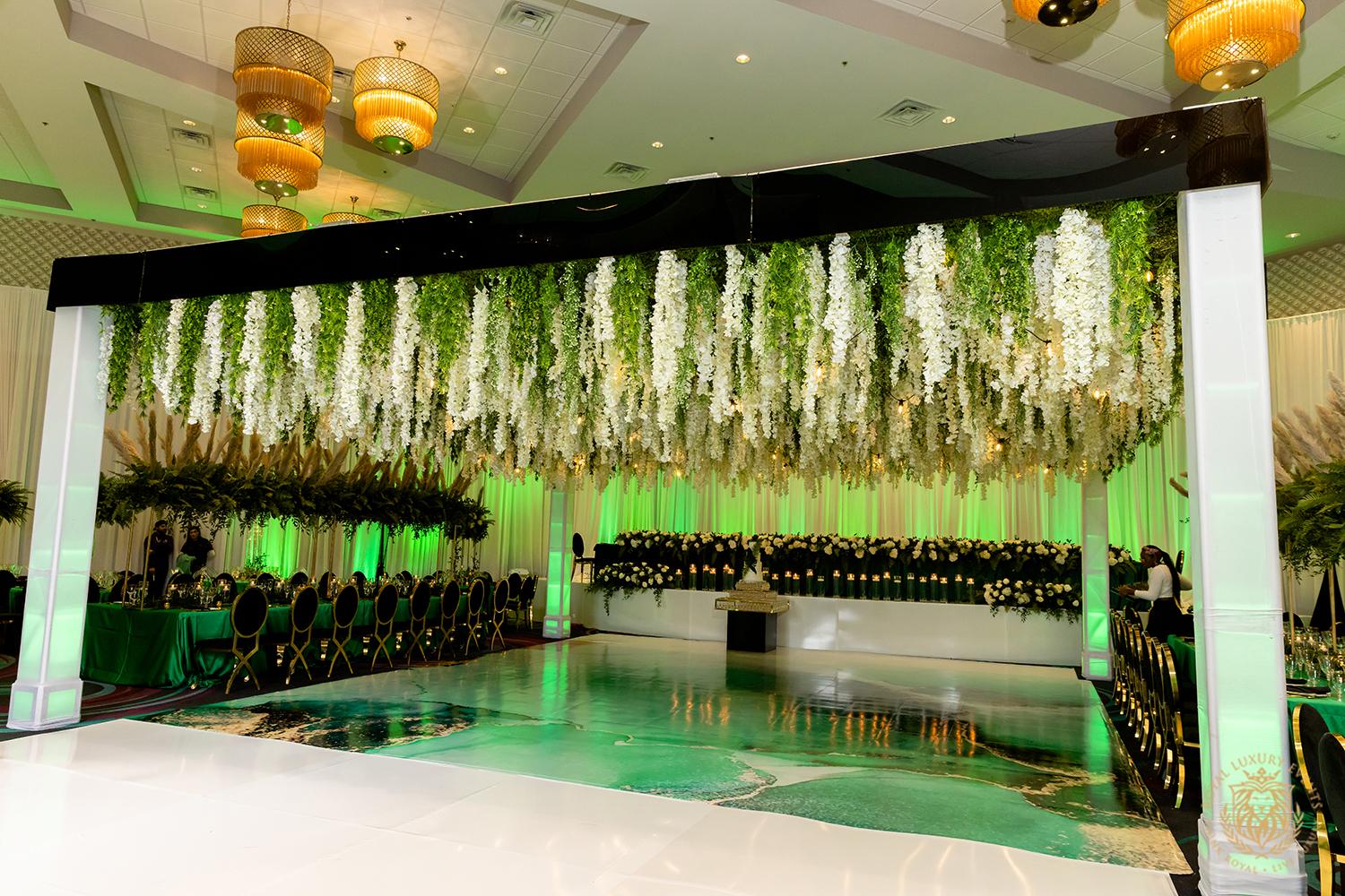 canopy, ceiling decor, floral installations in houston
