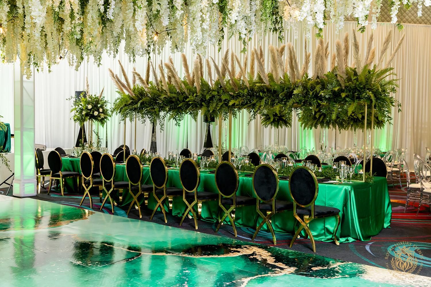 florist in houston texas, pampas grass, ceiling decor, emerald wedding