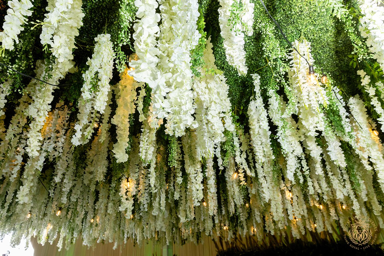 florist in houston texas, pampas grass, ceiling decor, emerald wedding