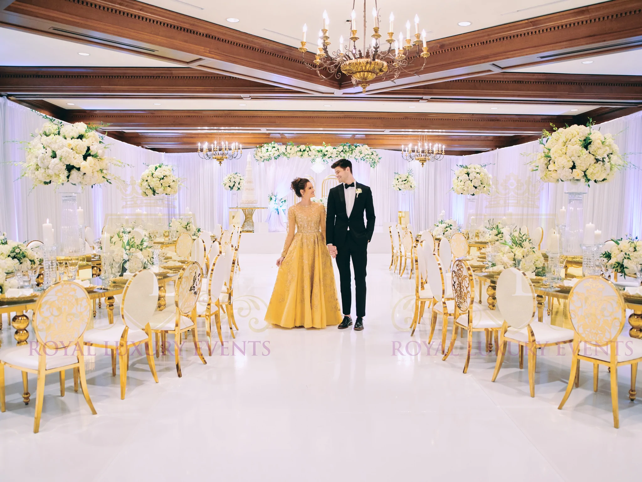 View this stunning gold teardrop dining table rental from Royal Luxury Events in Houston, Texas, perfect for any event or wedding.