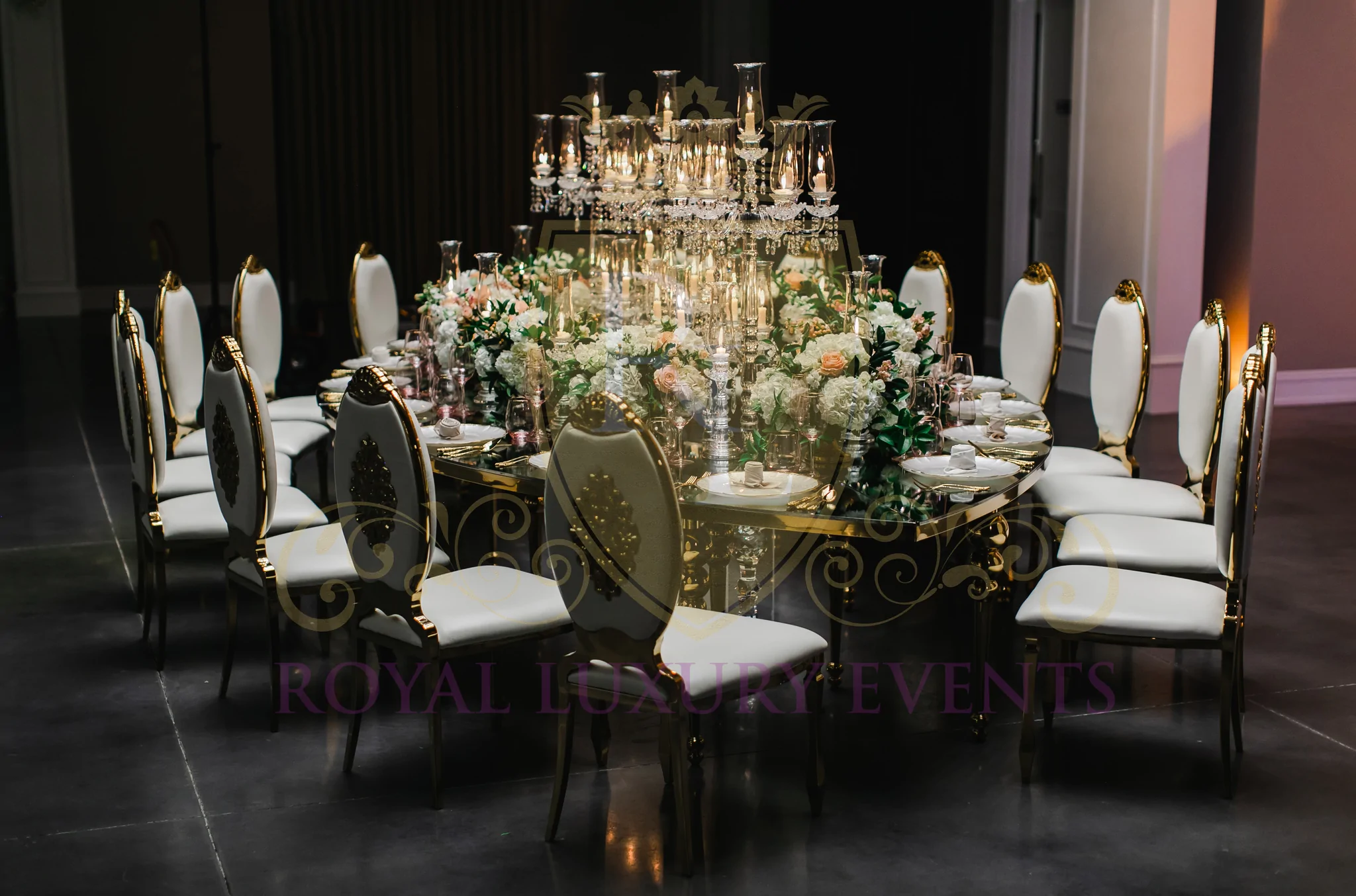 View this stunning gold teardrop dining table rental from Royal Luxury Events in Houston, Texas, perfect for any event or wedding.
