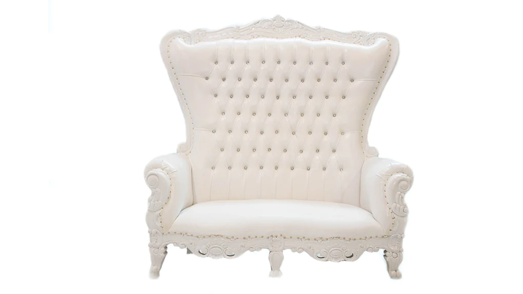 View this stunning White Throne Loveseat with White Leather rental from Royal Luxury Events in Houston, Texas, perfect for any event or wedding.