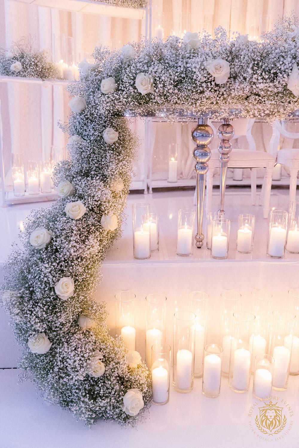 wedding reception decor houston - centerpieces - babys breath sweetheart table