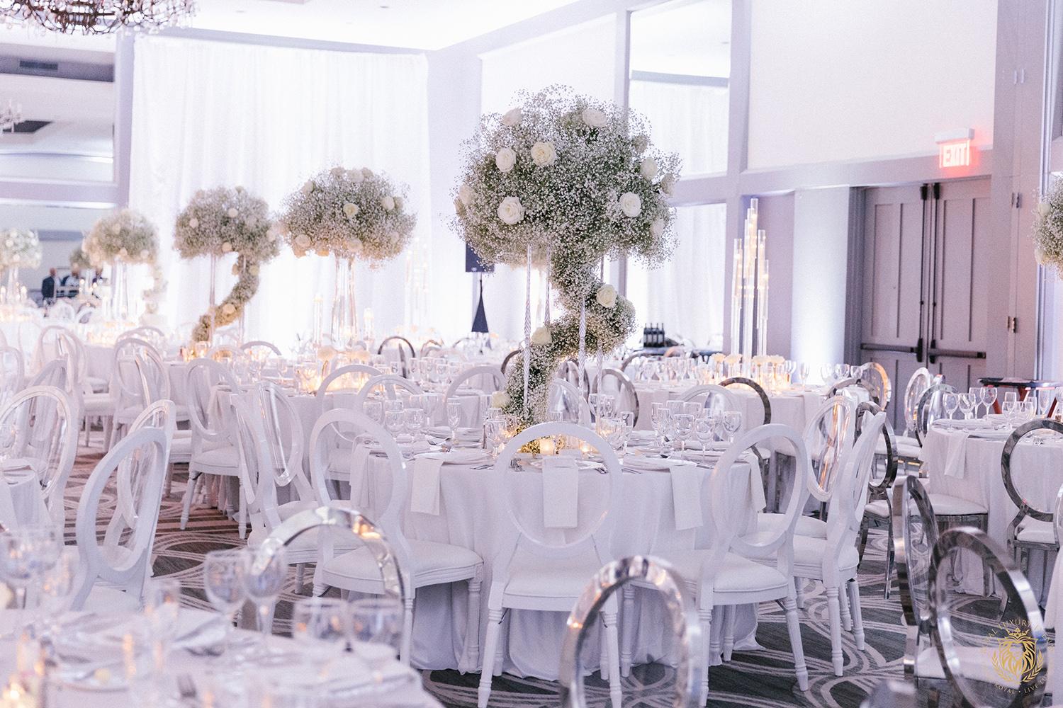 wedding reception decor houston - centerpieces - babys breath sweetheart table - candles