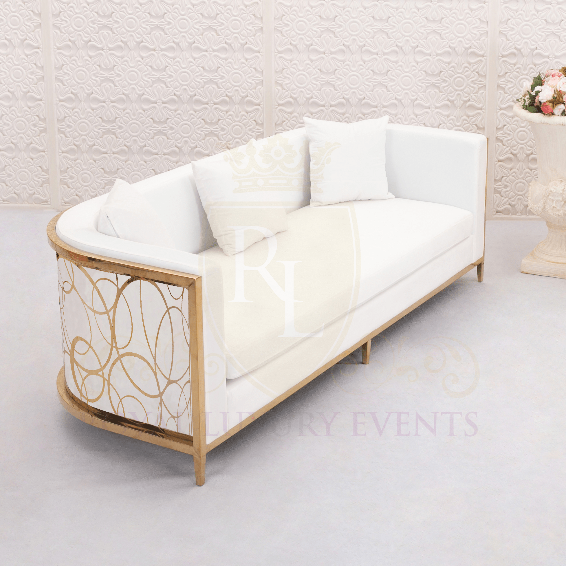 7-Foot Lounge Sofa with Gold Design and White Cushion