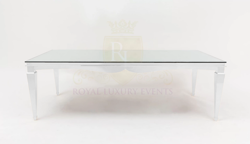 White Rectangular Dining Table with Mirror Glass Top - 8 x 4 feet