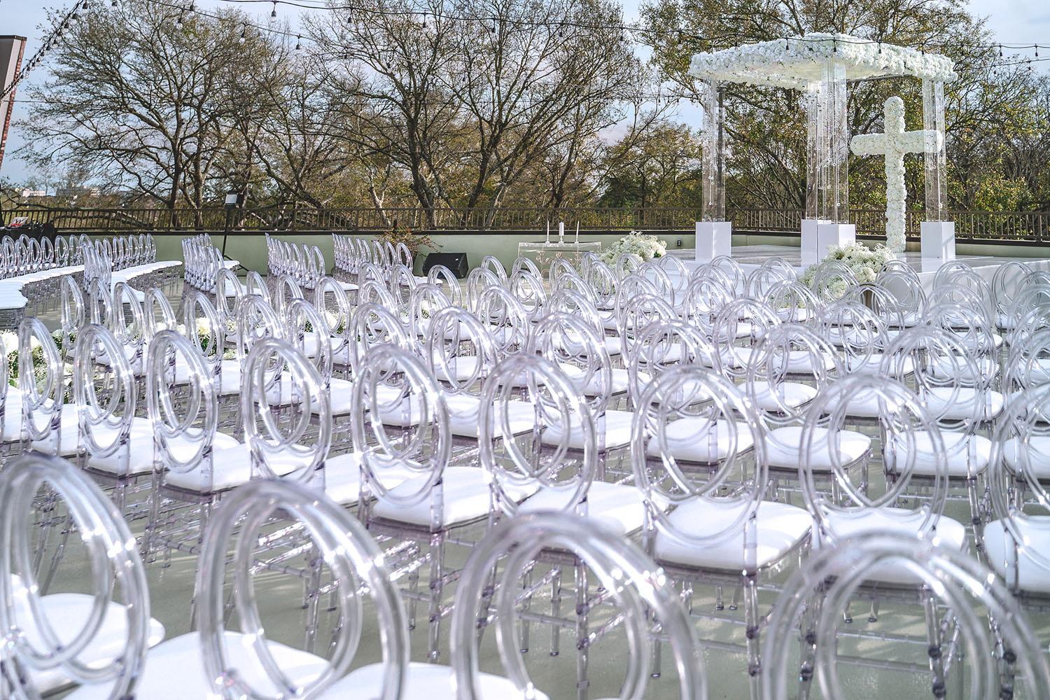 mirror aisle, royal luxury events, ceremony decor, ivory flowers, canopy, cross, clear chairs