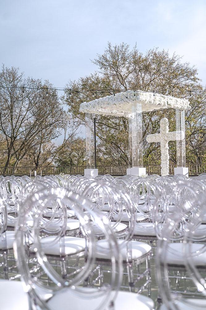 mirror aisle, royal luxury events, ceremony decor, ivory flowers, canopy, cross, clear chairs