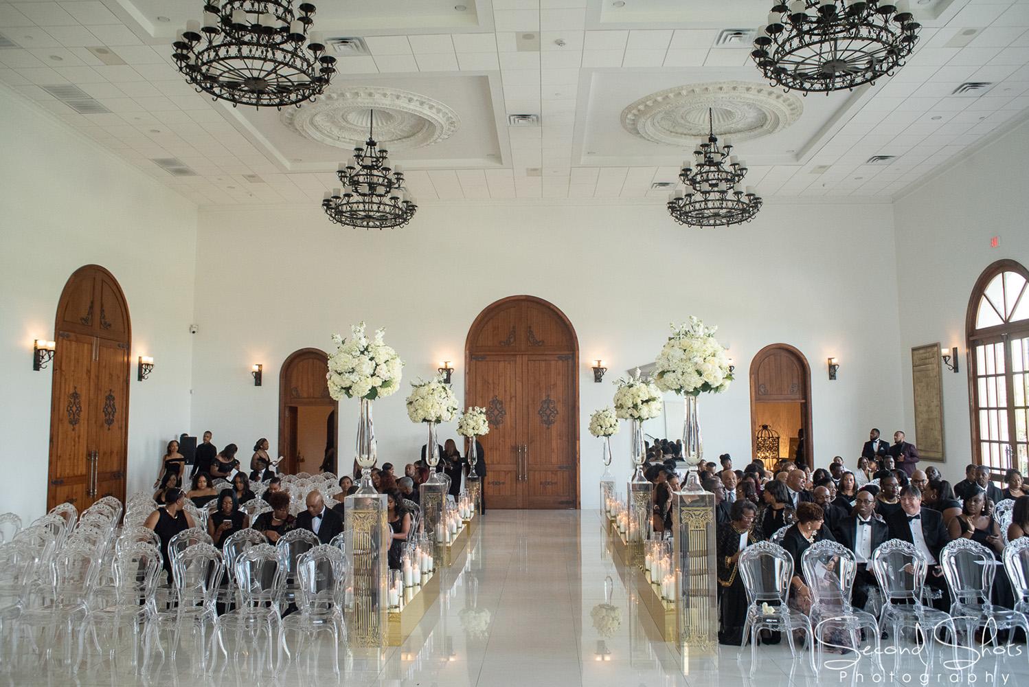 white and gold wedding decor - royal luxury events - rentals - flowers - gold chairs - fancy chairs