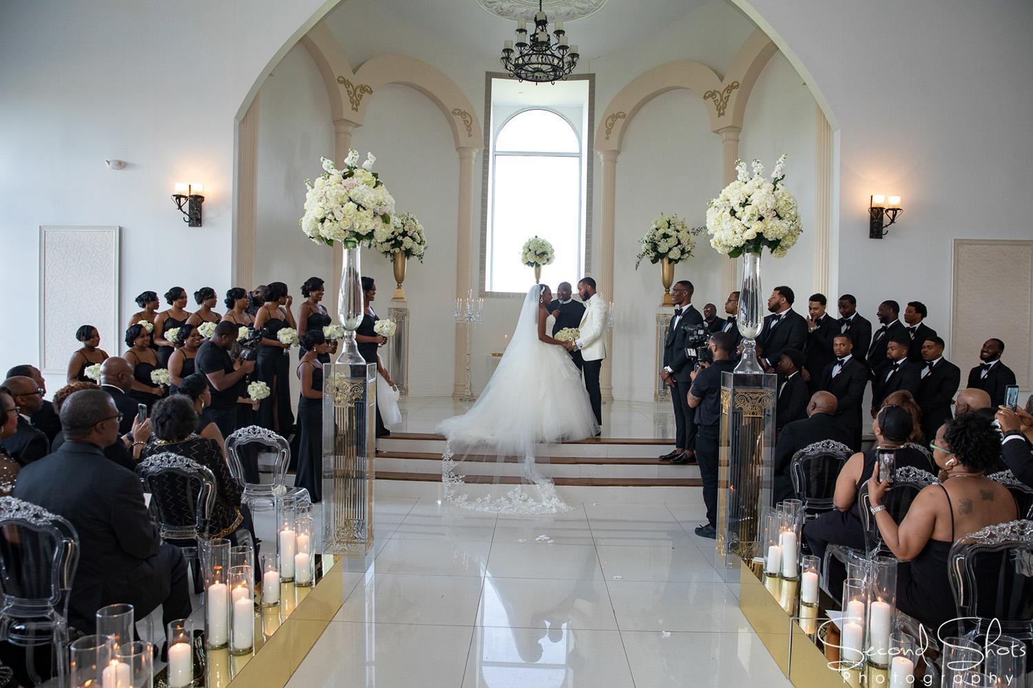 white and gold wedding decor - royal luxury events - rentals - flowers - gold chairs - fancy chairs