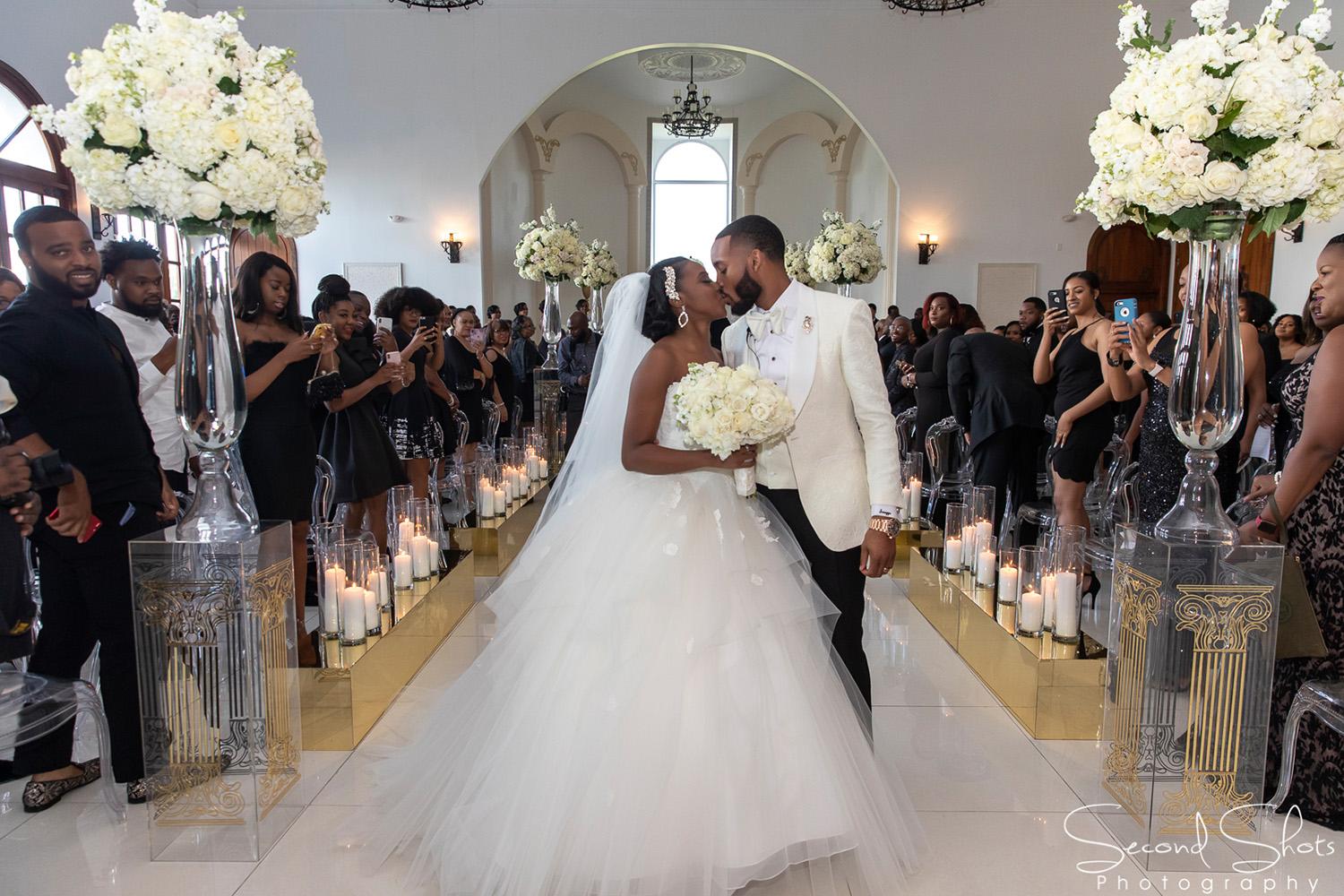 white and gold wedding decor - royal luxury events - rentals - flowers - gold chairs - fancy chairs