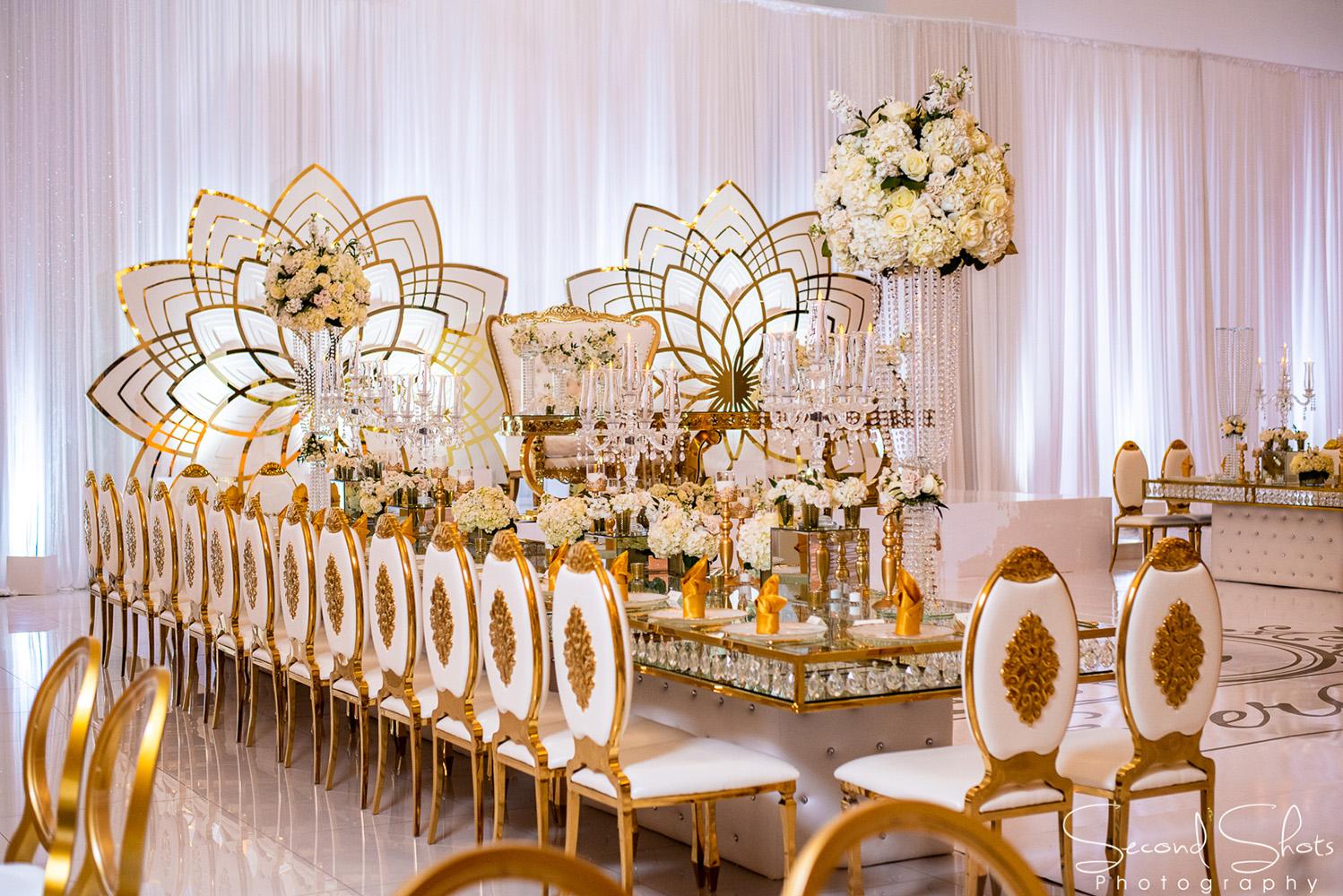 white and gold wedding decor - royal luxury events - rentals - flowers - gold chairs - fancy chairs