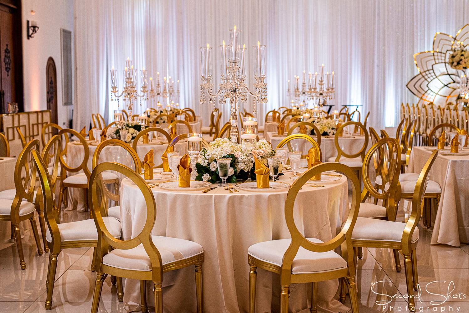 white and gold wedding decor - royal luxury events - rentals - flowers - gold chairs - fancy chairs