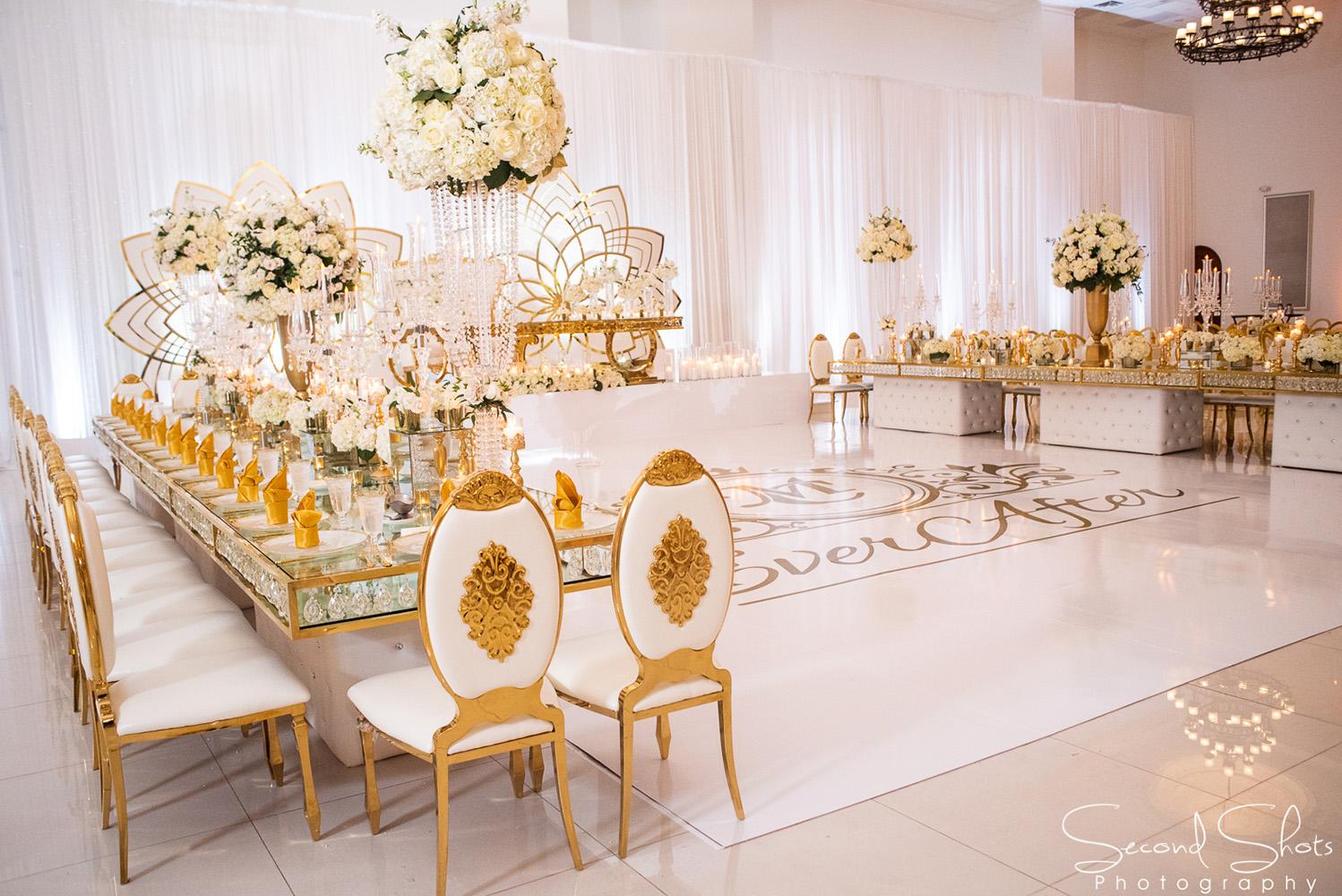 white and gold wedding decor - royal luxury events - rentals - flowers - gold chairs - fancy chairs