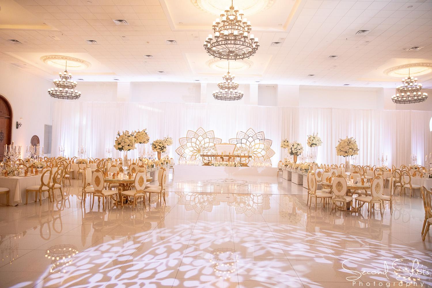 white and gold wedding decor - royal luxury events - rentals - flowers - gold chairs - fancy chairs