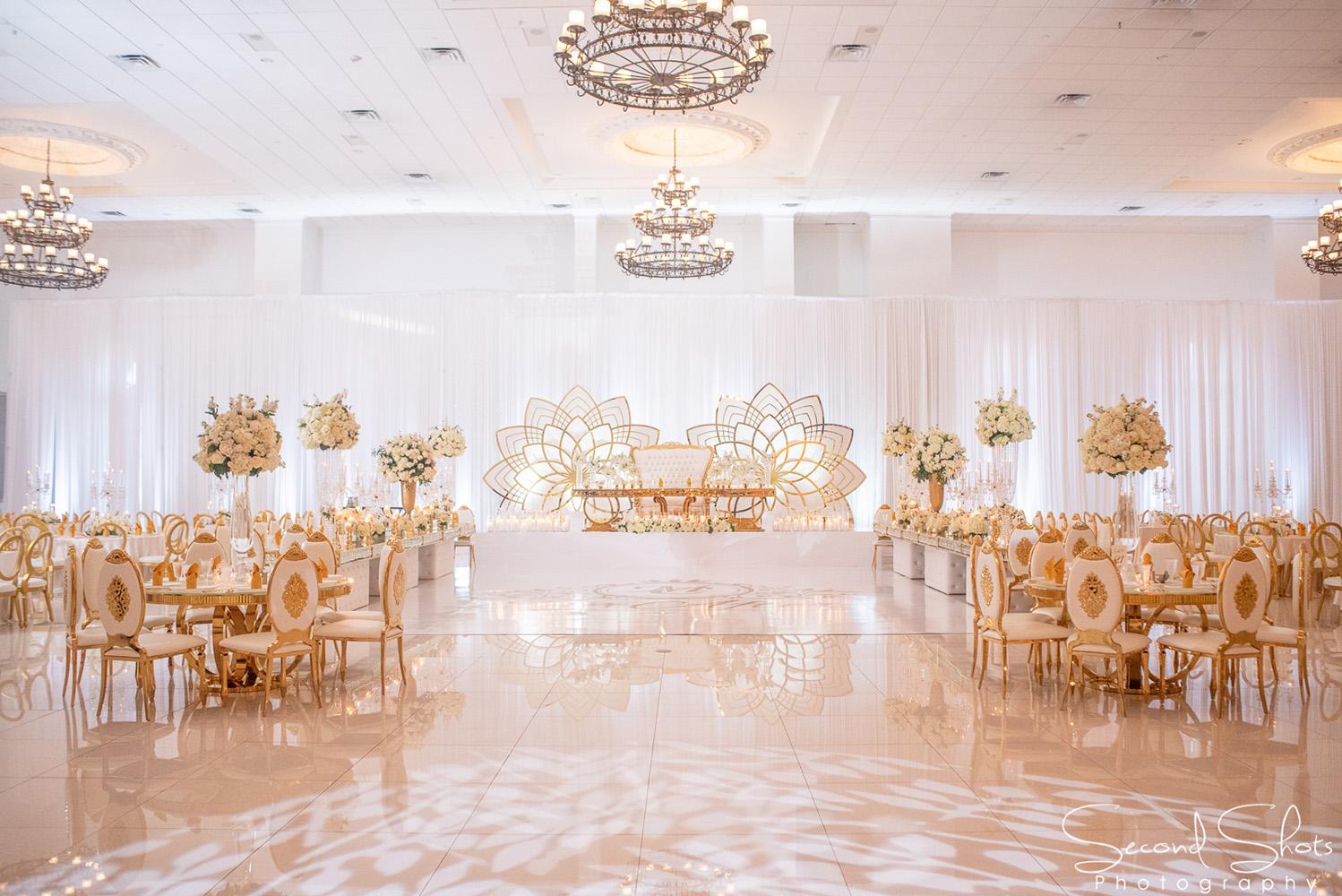 white and gold wedding decor - royal luxury events - rentals - flowers - gold chairs - fancy chairs