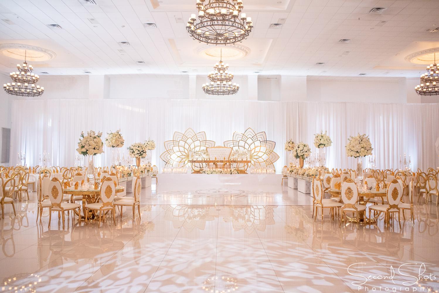 white and gold wedding decor - royal luxury events - rentals - flowers - gold chairs - fancy chairs