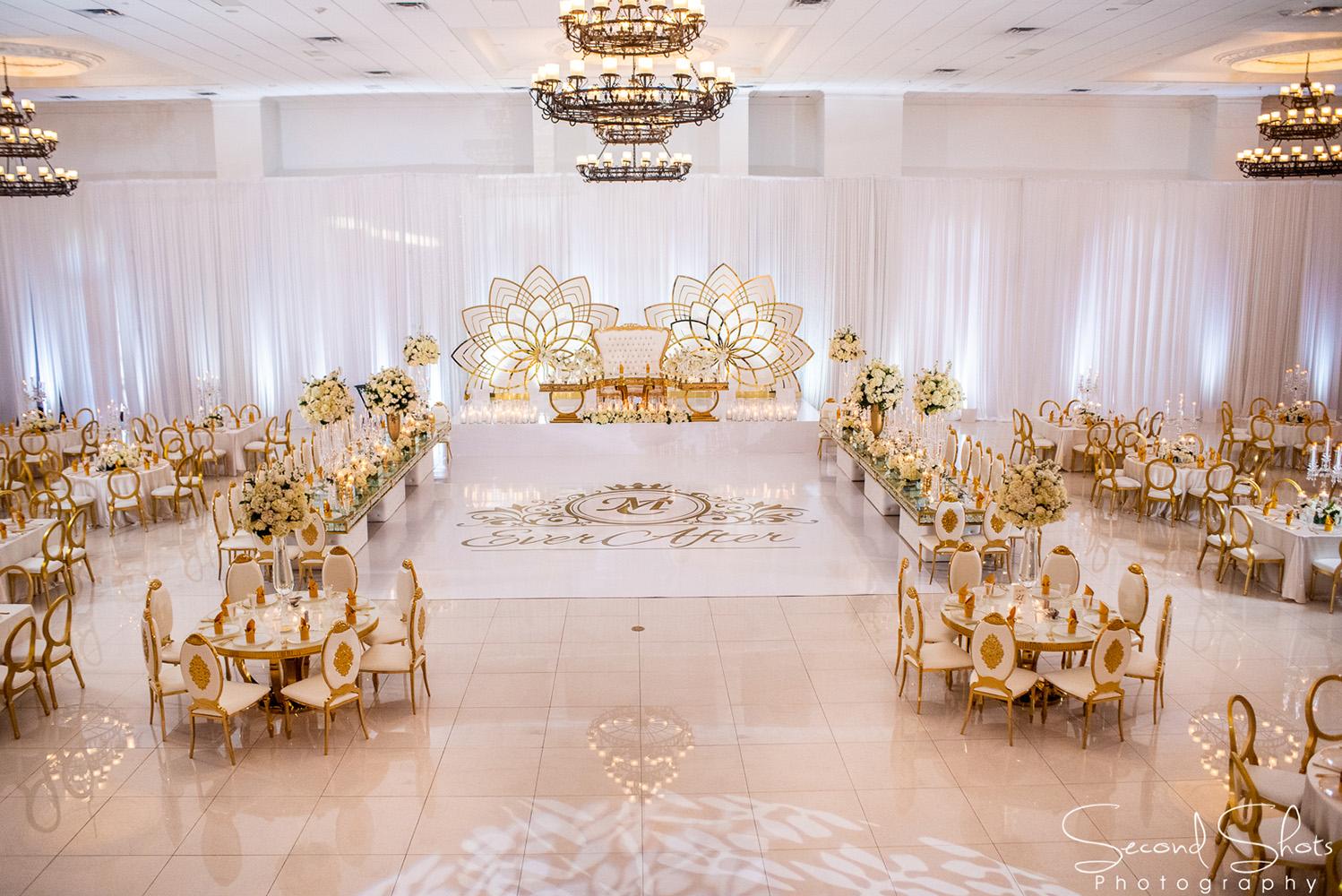 white and gold wedding decor - royal luxury events - rentals - flowers - gold chairs - fancy chairs